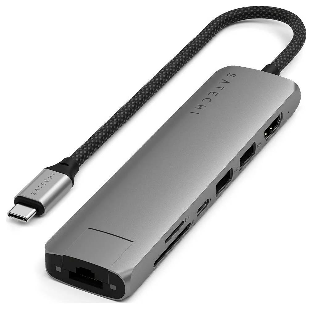 Hub USB-C multiports : HDMI, Ethernet, USB-A, lecteur de cartes SD. Boîtier en aluminium, câble gainé de nylon.