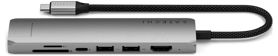 Hub USB-C en métal avec plusieurs ports, comprenant HDMI, USB-A et un lecteur de carte SD.