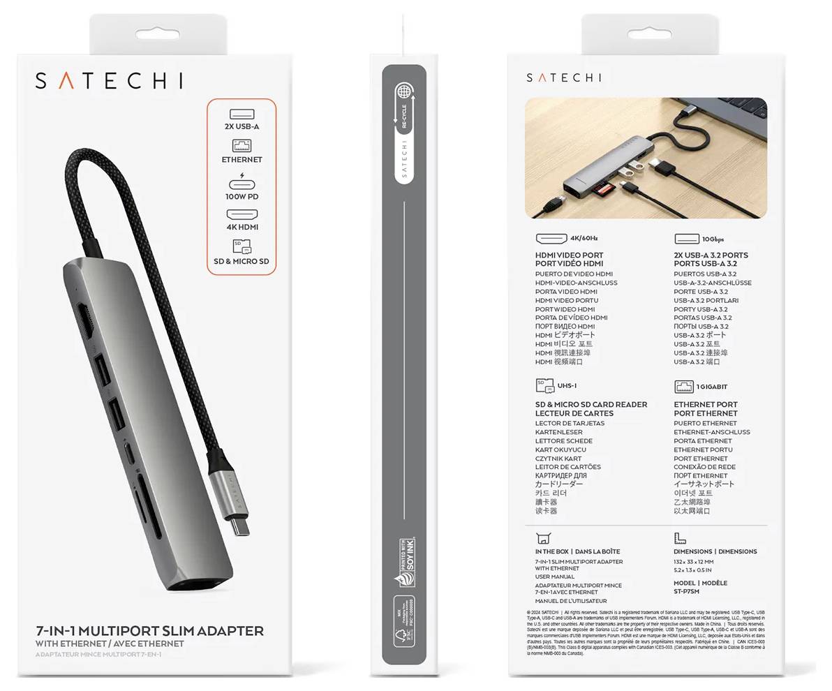 Emballage de l'adaptateur multiport Satechi 7-en-1 Slim avec ports USB-C, HDMI, Ethernet, USB-A et lecteur de carte SD. Image du produit et spécifications au verso.