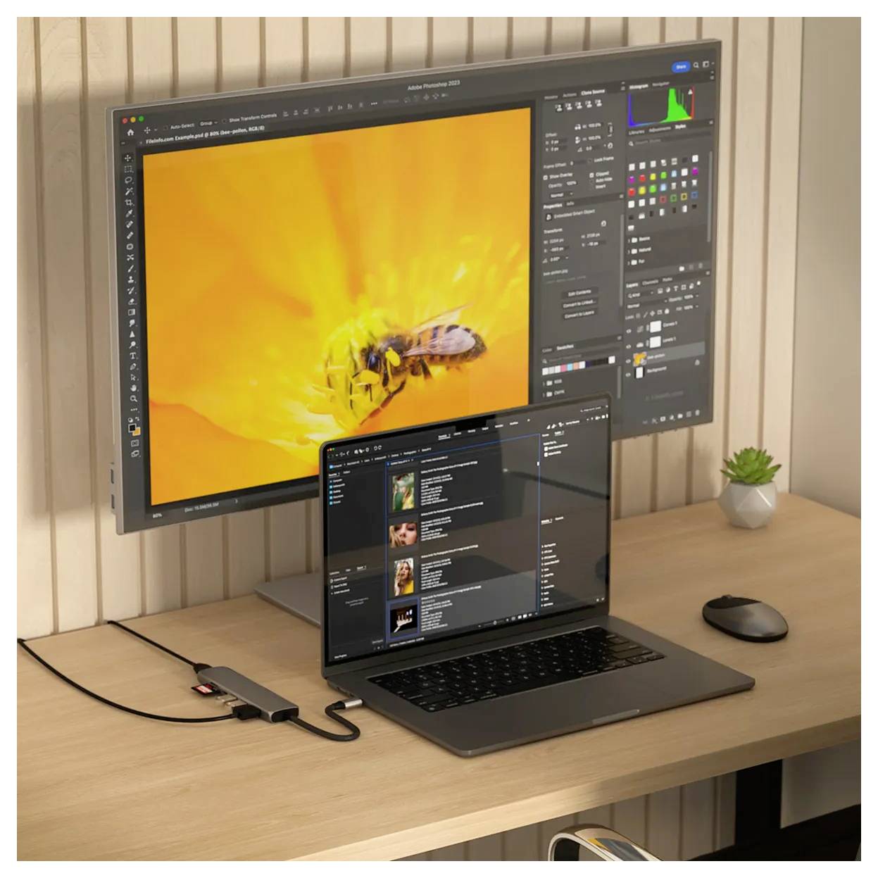 Un ordinateur portable et un grand écran sur un bureau ; l'écran affiche un gros plan d'une abeille sur une fleur.