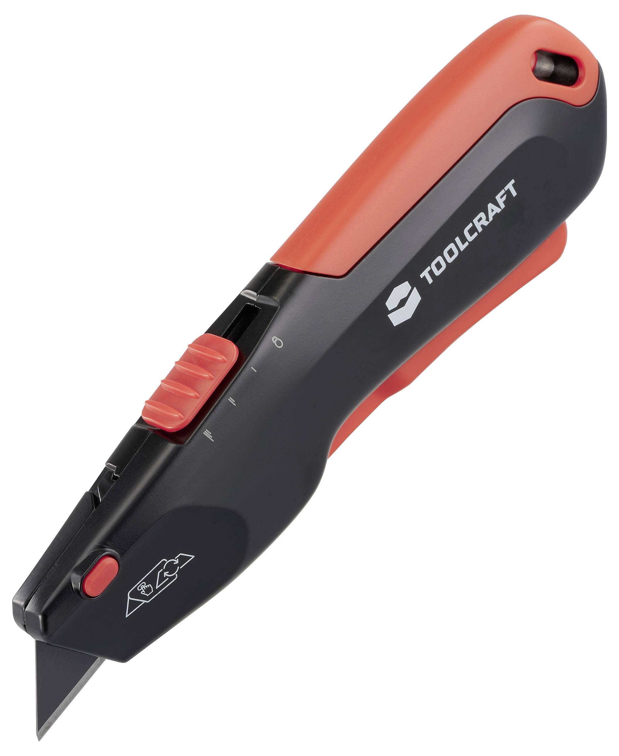 Un couteau de sécurité noir et rouge de Toolcraft, doté d'une lame rétractable et d'un curseur d'ajustement de la lame.