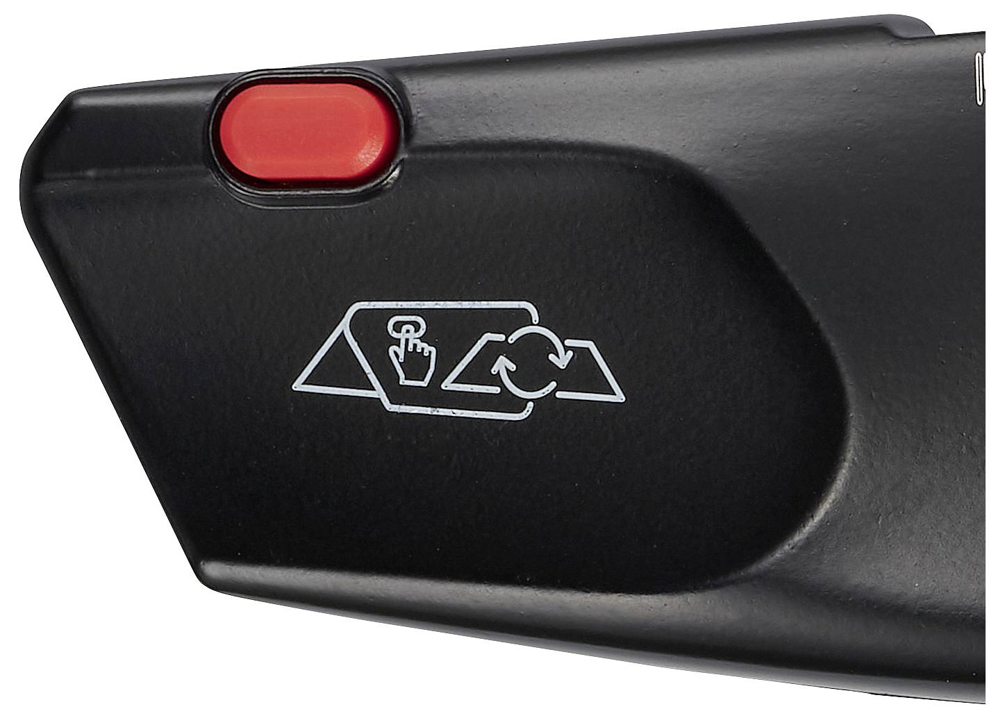 Un fermoir de ceinture de sécurité noir avec un bouton rouge et une étiquette portant des symboles indiquant le mode d'emploi.