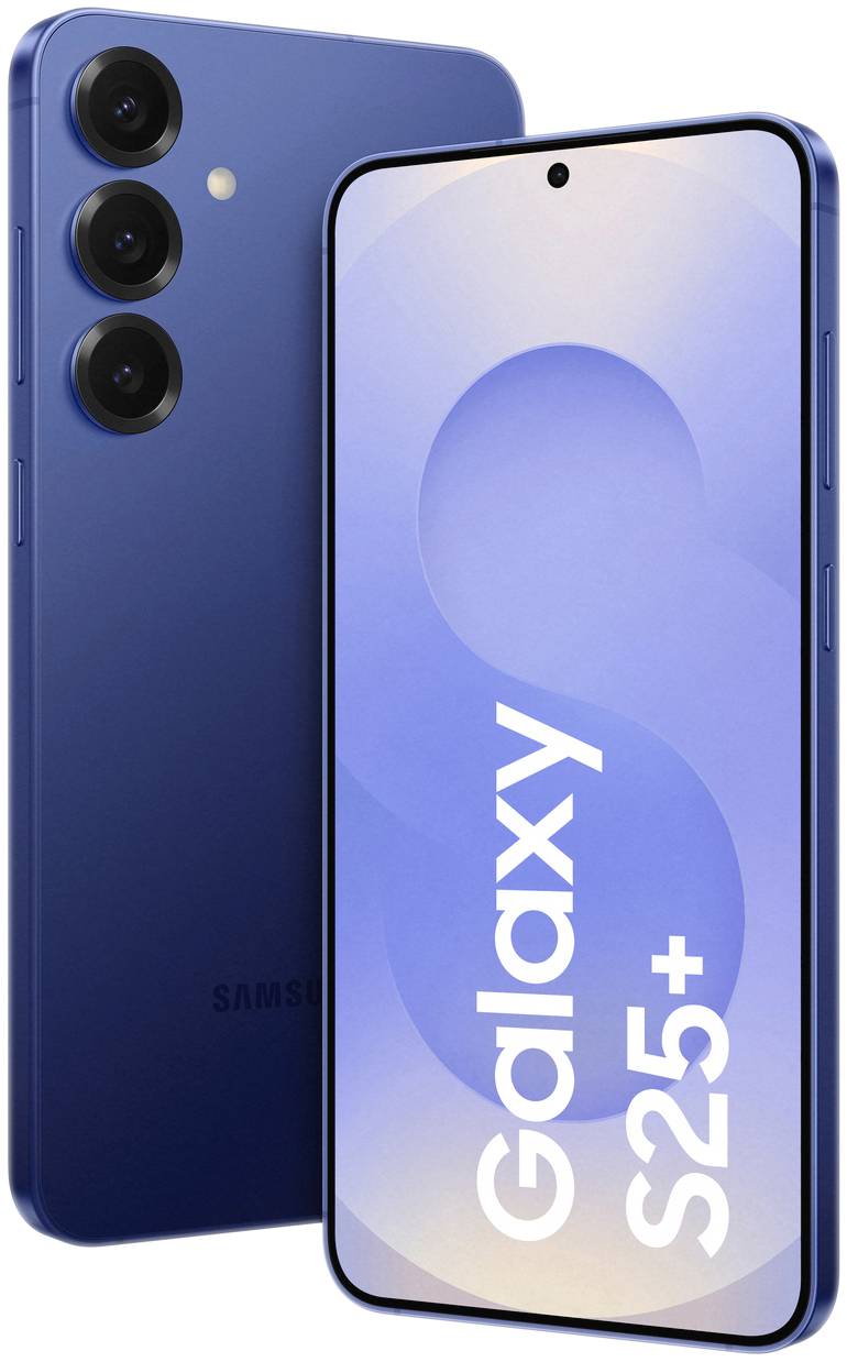 Un smartphone bleu avec trois objectifs photo à l'arrière. Sur l'écran, il est inscrit 'Galaxy S25+'.