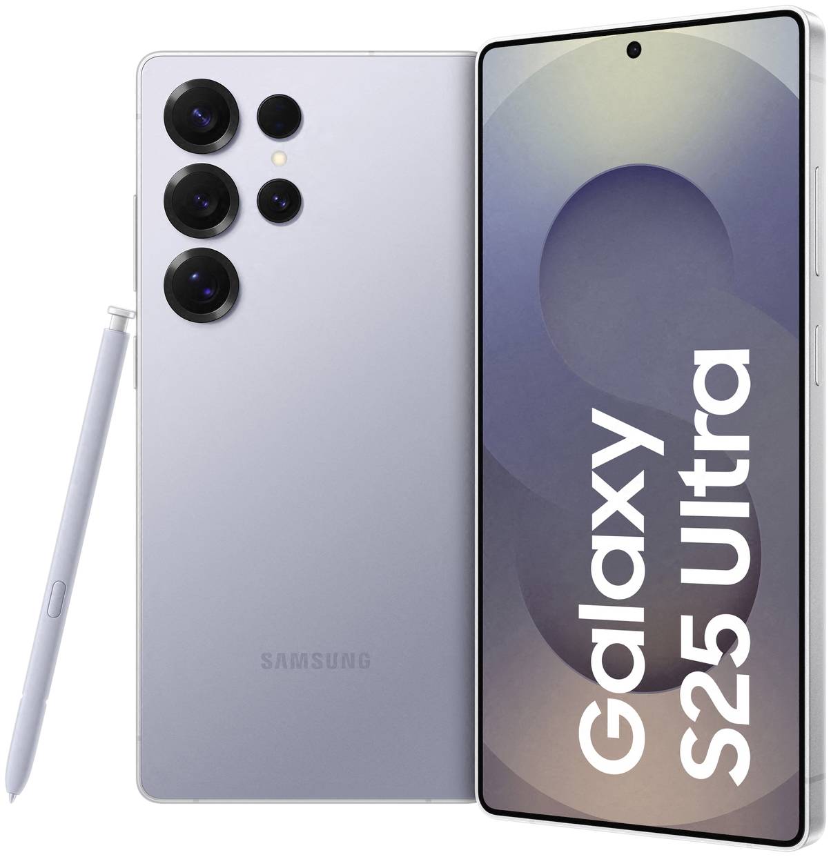 Smartphone Samsung Galaxy S25 Ultra en argent. Montre le recto et le verso ainsi qu'un stylet. Système de triple caméra à l'arrière.