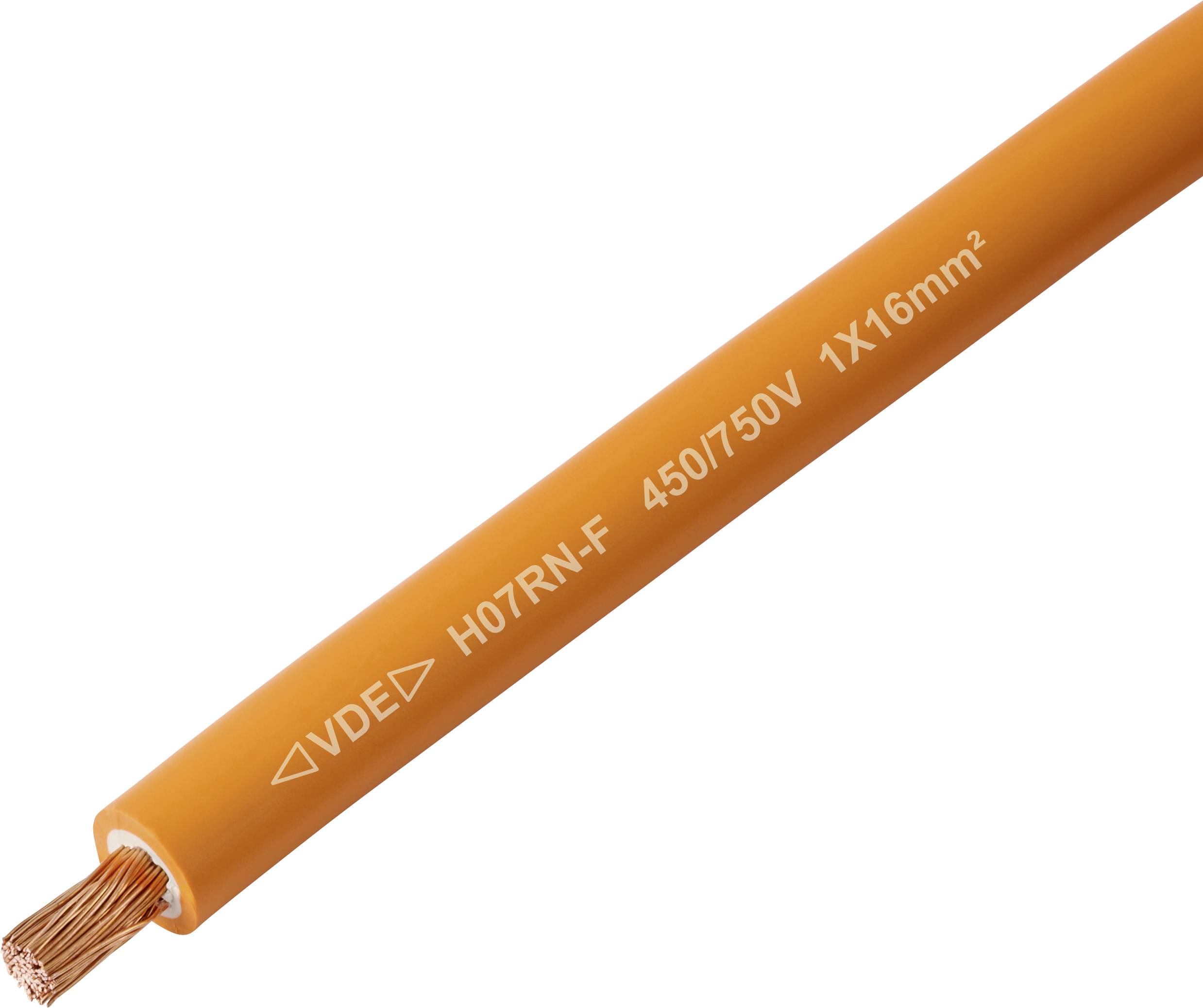 Câble électrique orange étiqueté VDE H07RN-F 450/750V 1X16mm² avec fil de cuivre nu à une extrémité.