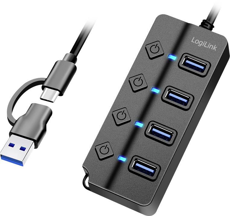Hub USB à quatre ports avec des voyants LED bleus, équipé de touches individuelles de mise en marche et d'arrêt pour chaque port.