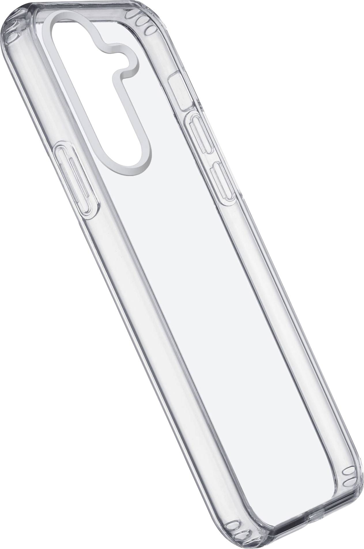 Coque de téléphone transparente avec découpes pour la caméra et les touches, offrant une protection optimale et un accès complet aux fonctionnalités de l'appareil.