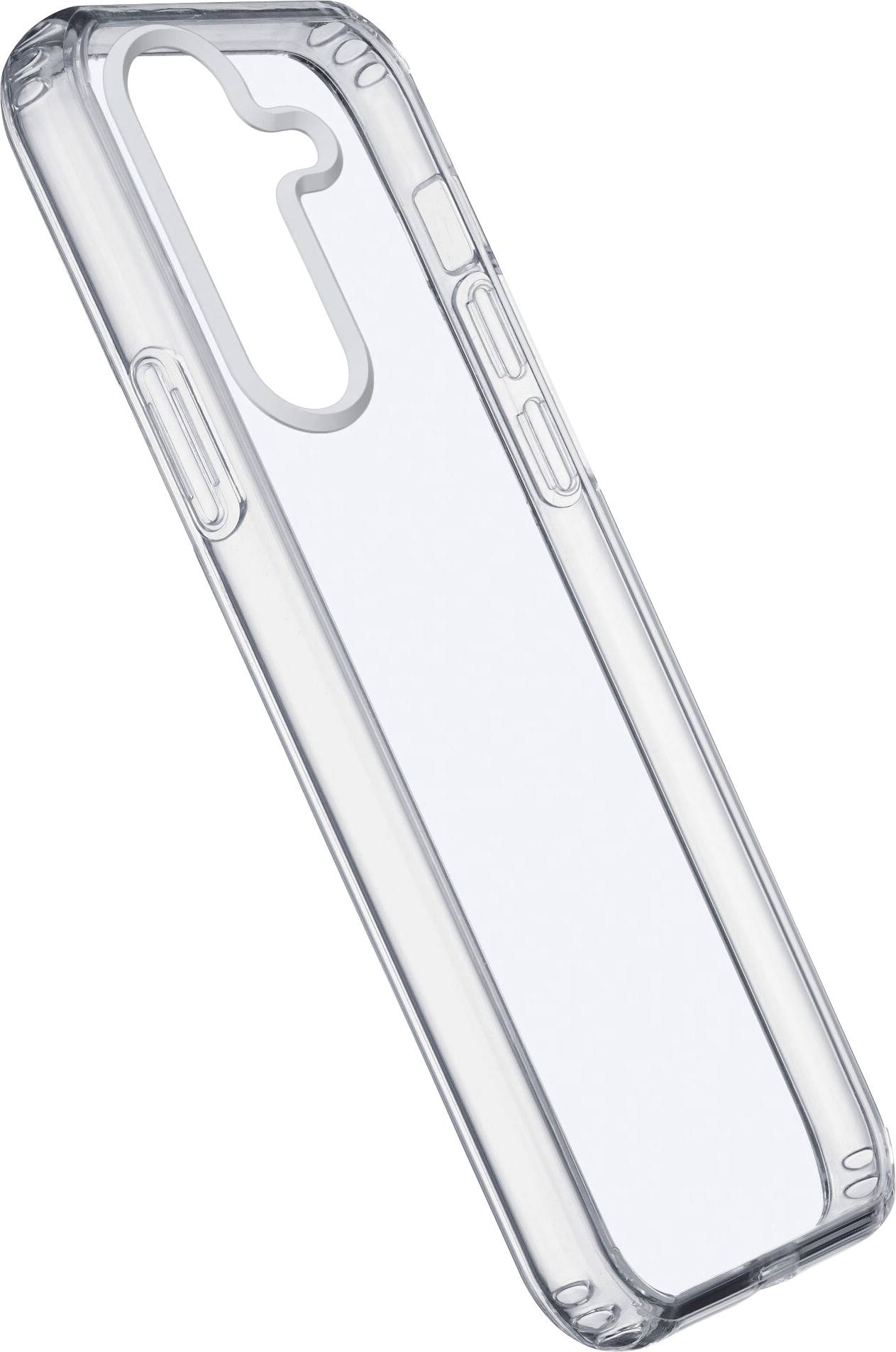 Coque de téléphone transparente en plastique, conçue pour un smartphone avec trois ouvertures pour caméras.