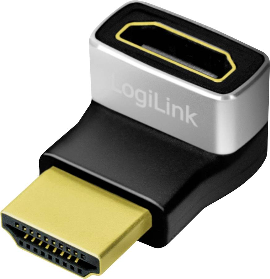 Adaptateur HDMI coudé de LogiLink, noir et argent, permet de connecter des câbles HDMI dans des espaces restreints grâce à un angle de 90 degrés.