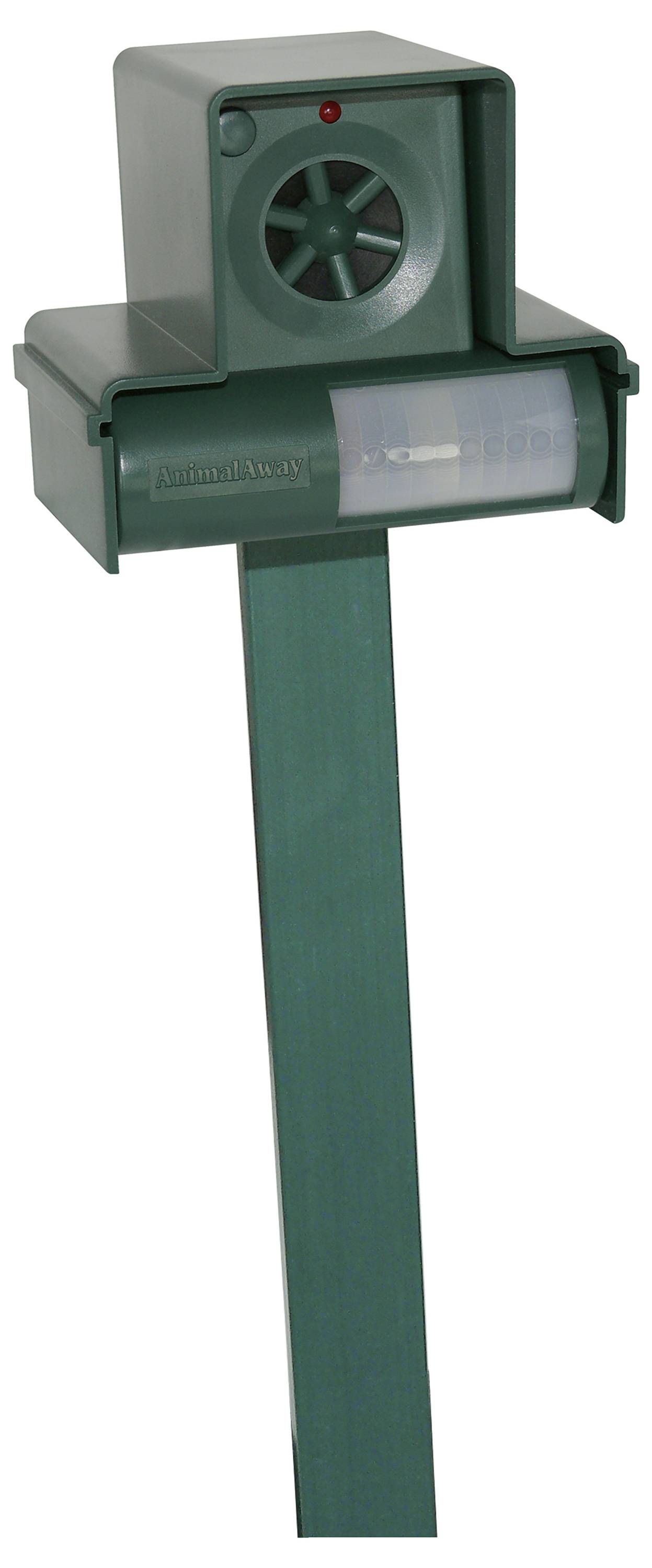 Un dispositif vert d'ultrasons anti-animaux, monté sur un mât, avec un détecteur et un haut-parleur sur la face avant.