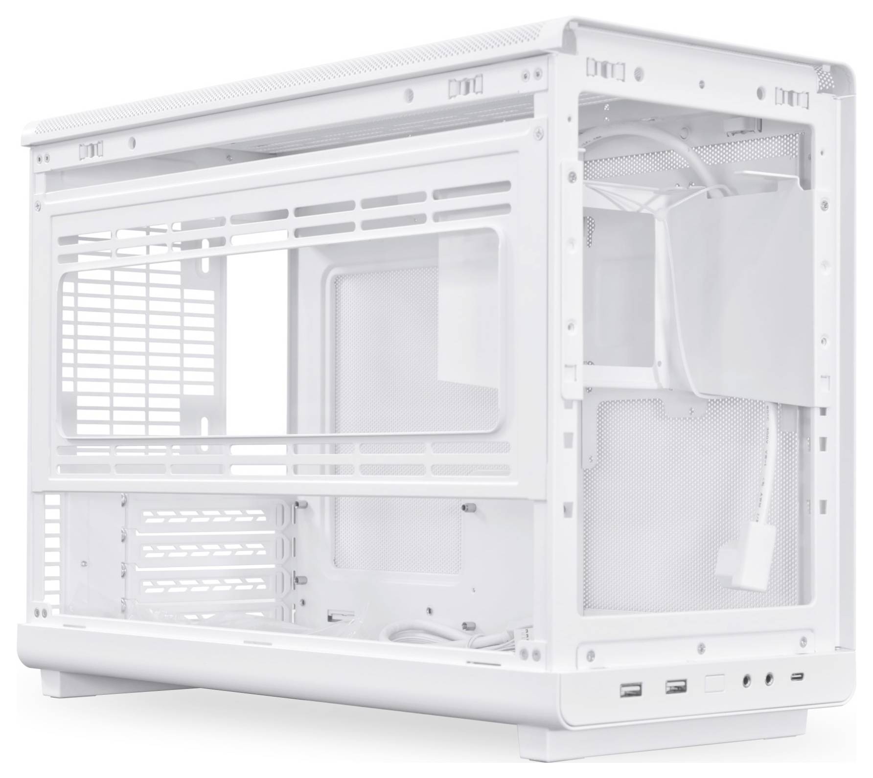 Boîtier d'ordinateur blanc, format Mini-ITX, avec façade en maille, fentes de ventilation sur le côté, partiellement retiré, ports USB en bas.