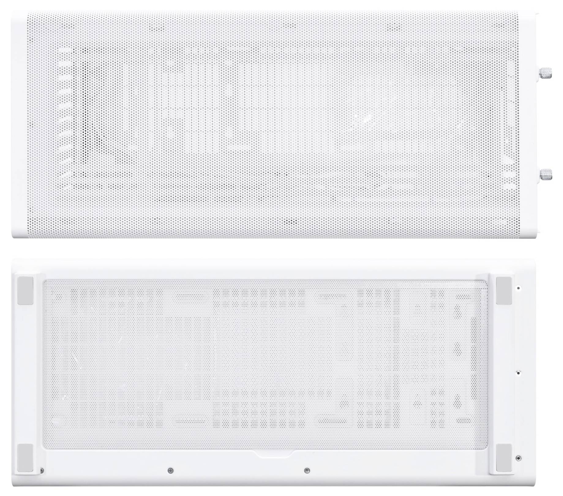 Deux boîtiers électroniques blancs avec des grilles de ventilation et des dispositions différentes d'entrées et de sorties sur le dessus.