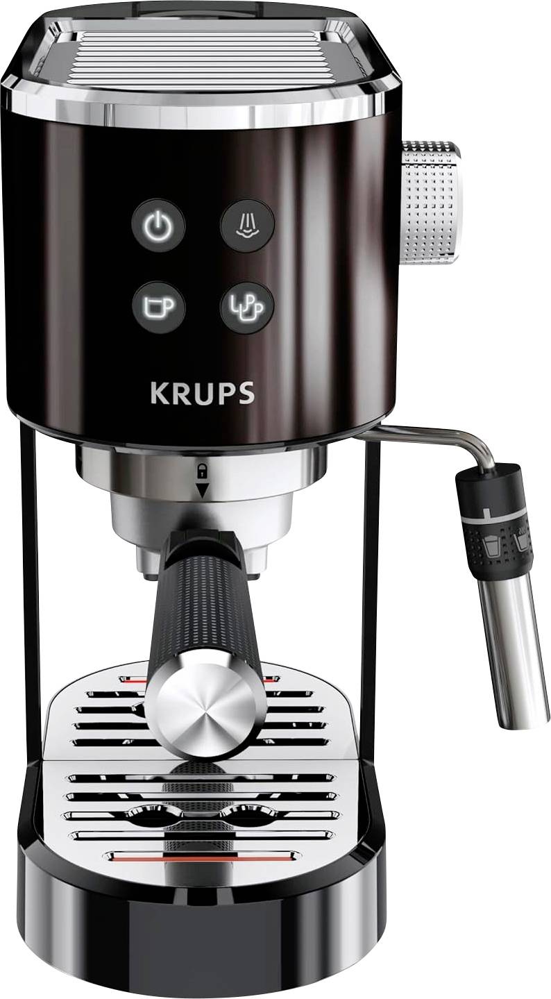 Machine à espresso Krups avec levier à vapeur et plateau égouttoir, idéale pour la préparation de cappuccino.
