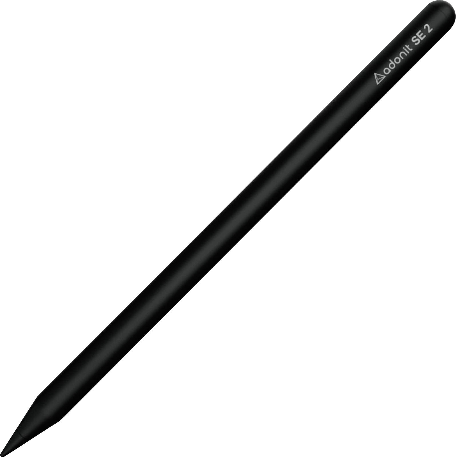 Un stylo numérique noir à pointe fine, désigné comme 'adonti SE 2', placé en diagonale.
