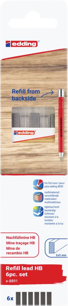 Emballage d'une mine de recharge edding. Contient 6 mines HB. Inscription : « Recharge par l'arrière ». Image d'un stylo rouge.