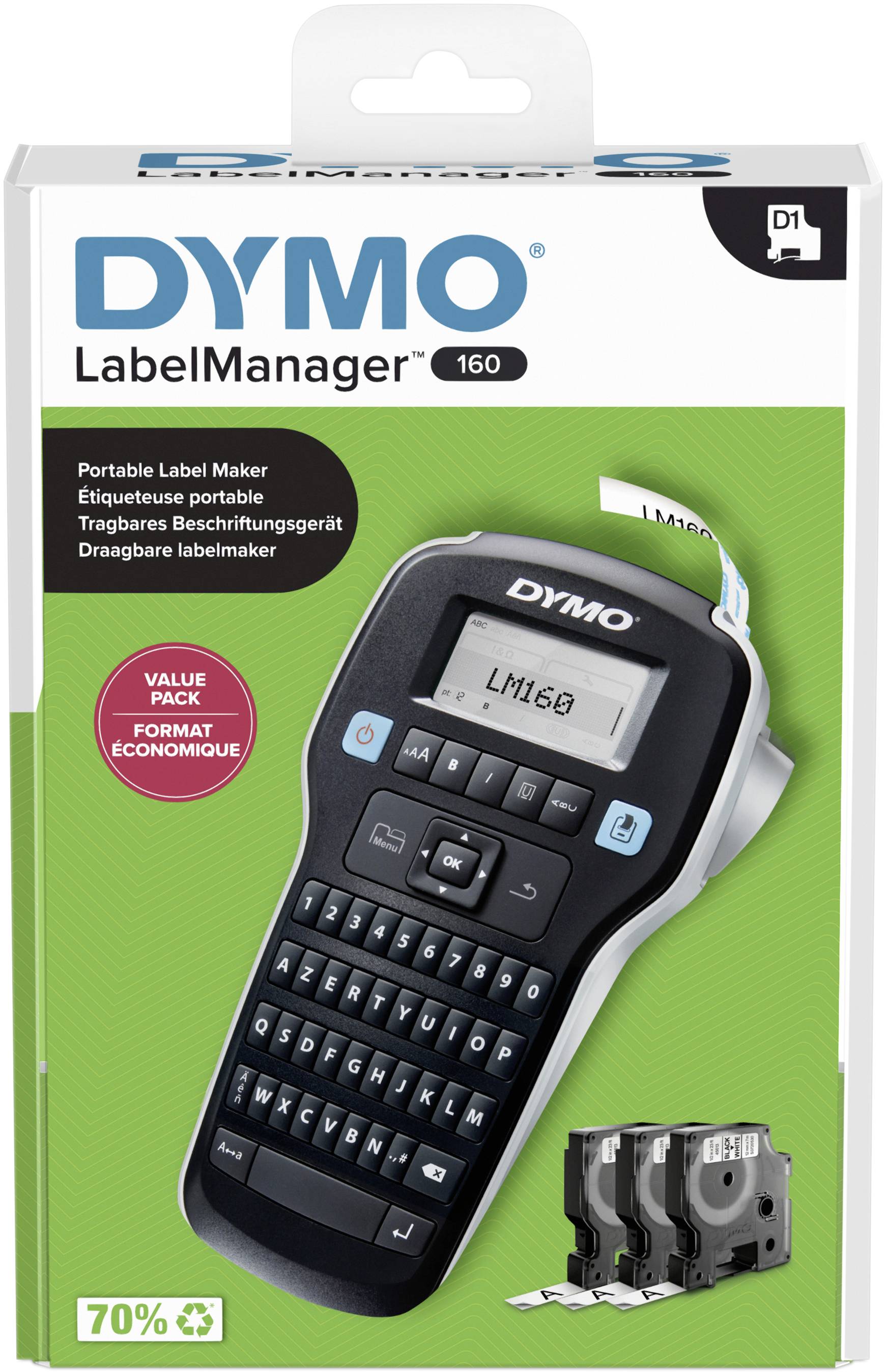 DYMO LabelManager™ 160 ValuePack AZERTY Etiqueteuse adapté pour rubans: D1 6 mm, 9 mm, 12 mm