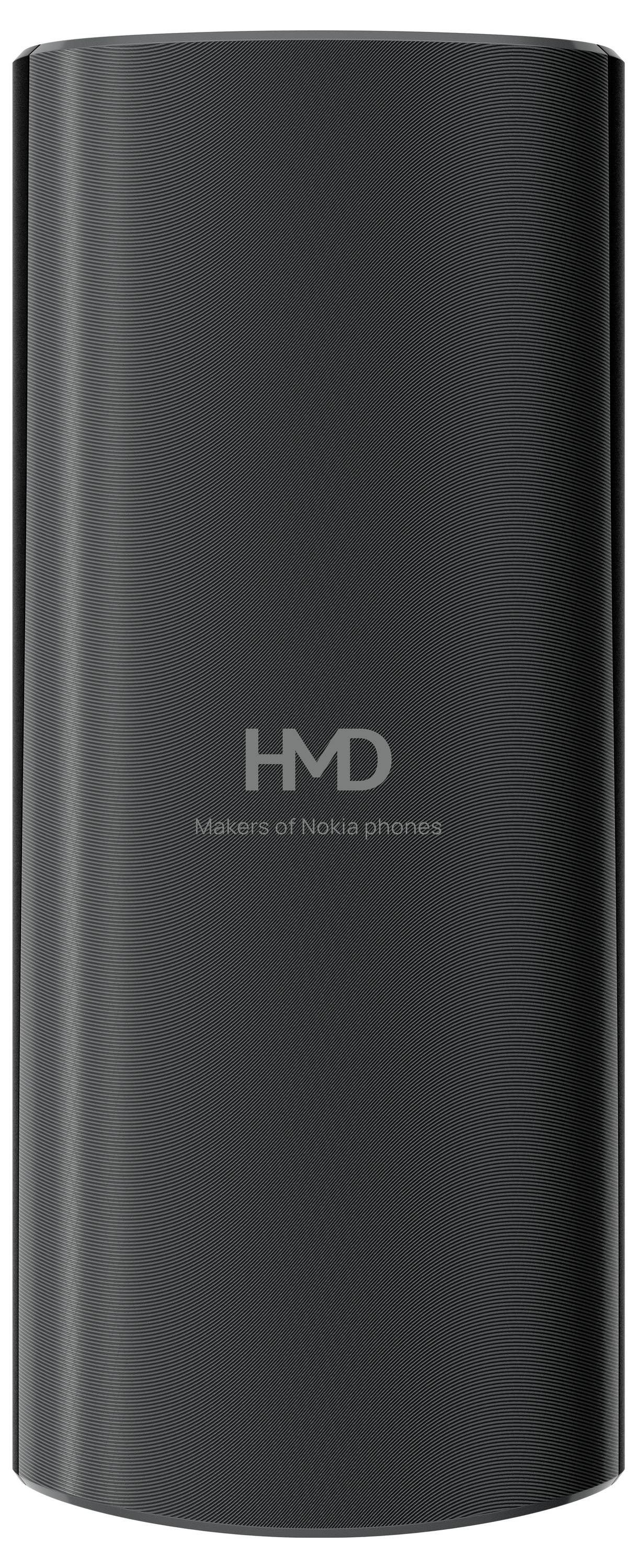 Batterie externe noire et cylindrique portant l'inscription « HMD Makers of Nokia phones » au centre.