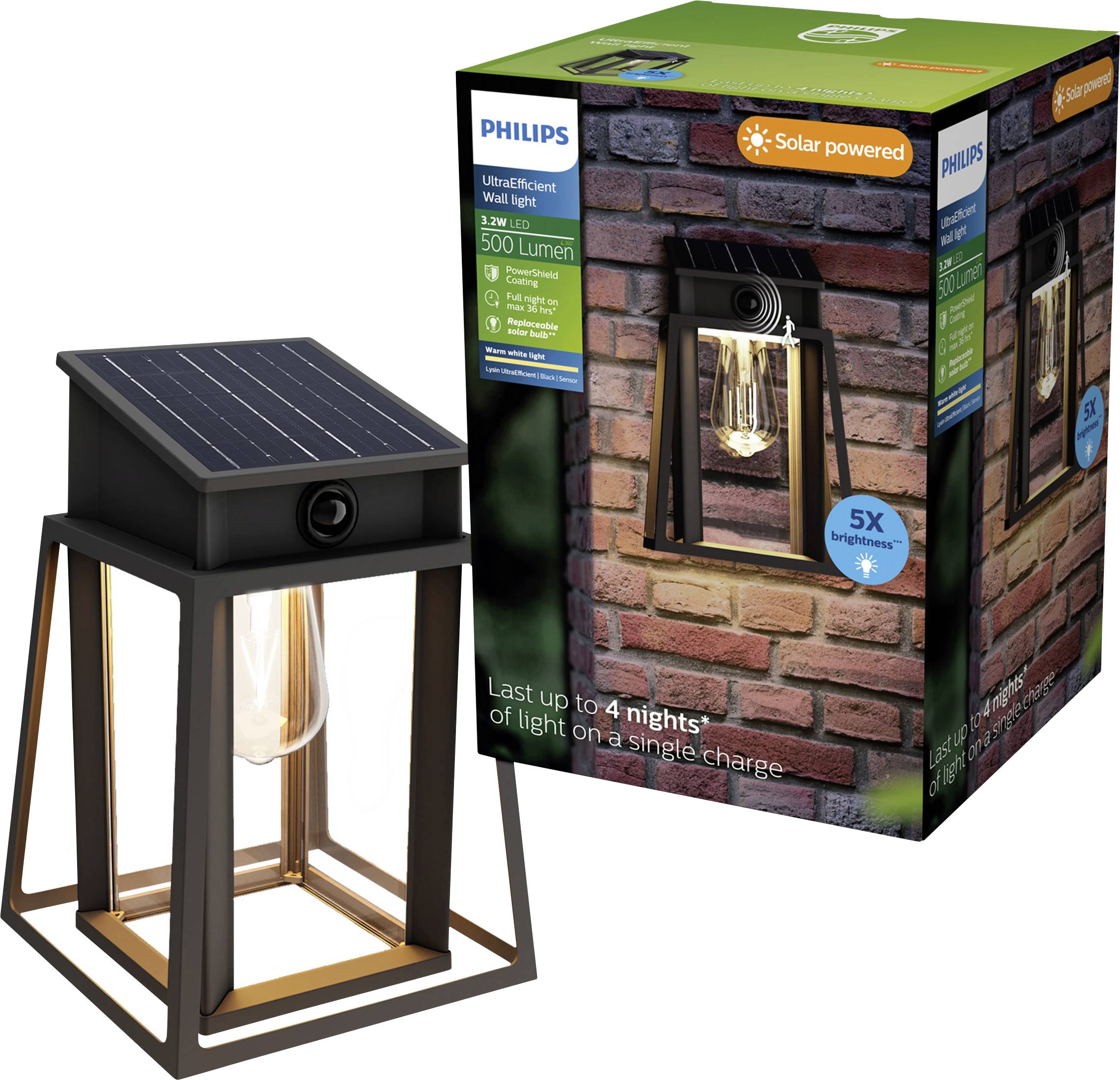 Lampe murale d'extérieur Philips alimentée par énergie solaire en noir et or, présentée à côté de son emballage produit avec le texte « 500 lumens » et « jusqu'à 4 nuits d'éclairage avec une seule charge ».