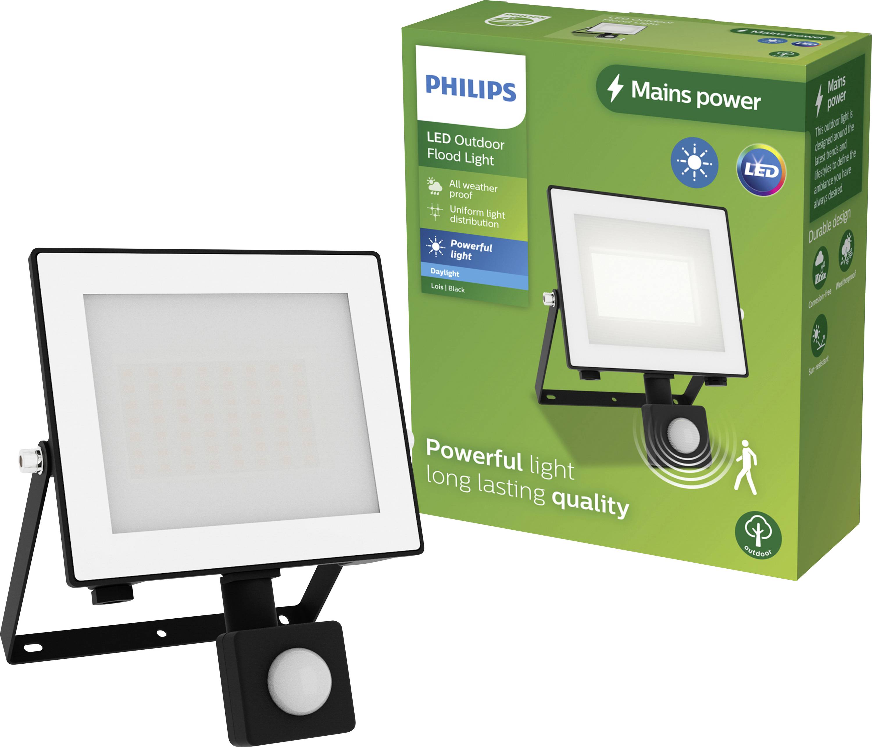 Projecteur LED Philips avec emballage en carton vert. Inscription : « Lumière puissante, qualité durable ». Adapté pour l'extérieur.