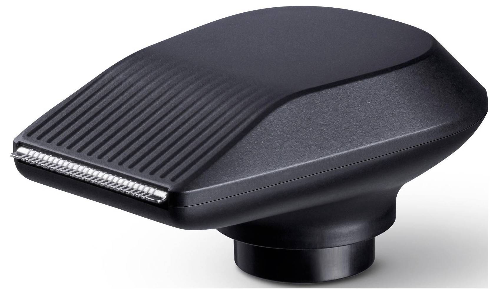 Accessoire de tondeuse électrique à large lame et design ergonomique, principalement de couleur noir.