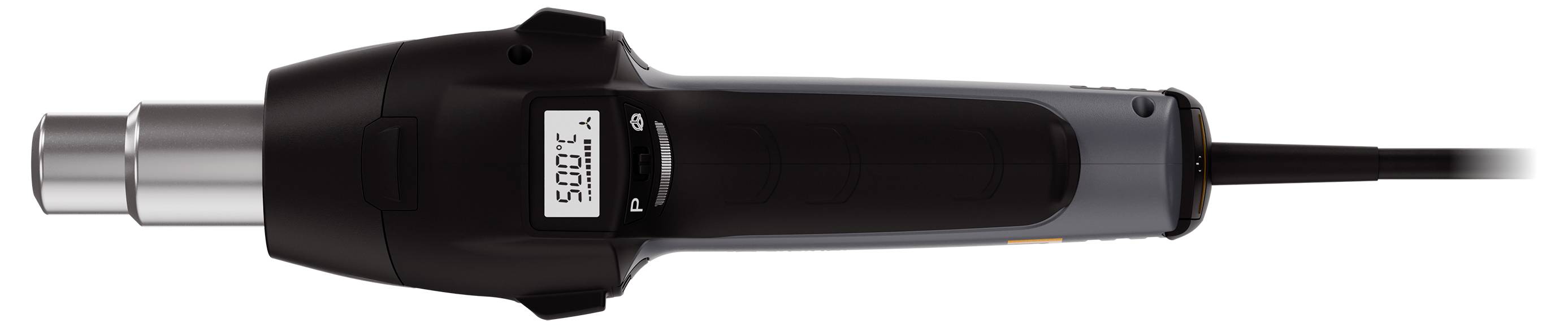 Un sèche-cheveux noir avec affichage numérique indique 300 degrés Celsius. Il est équipé d'une sortie en métal et d'un câble d'alimentation.