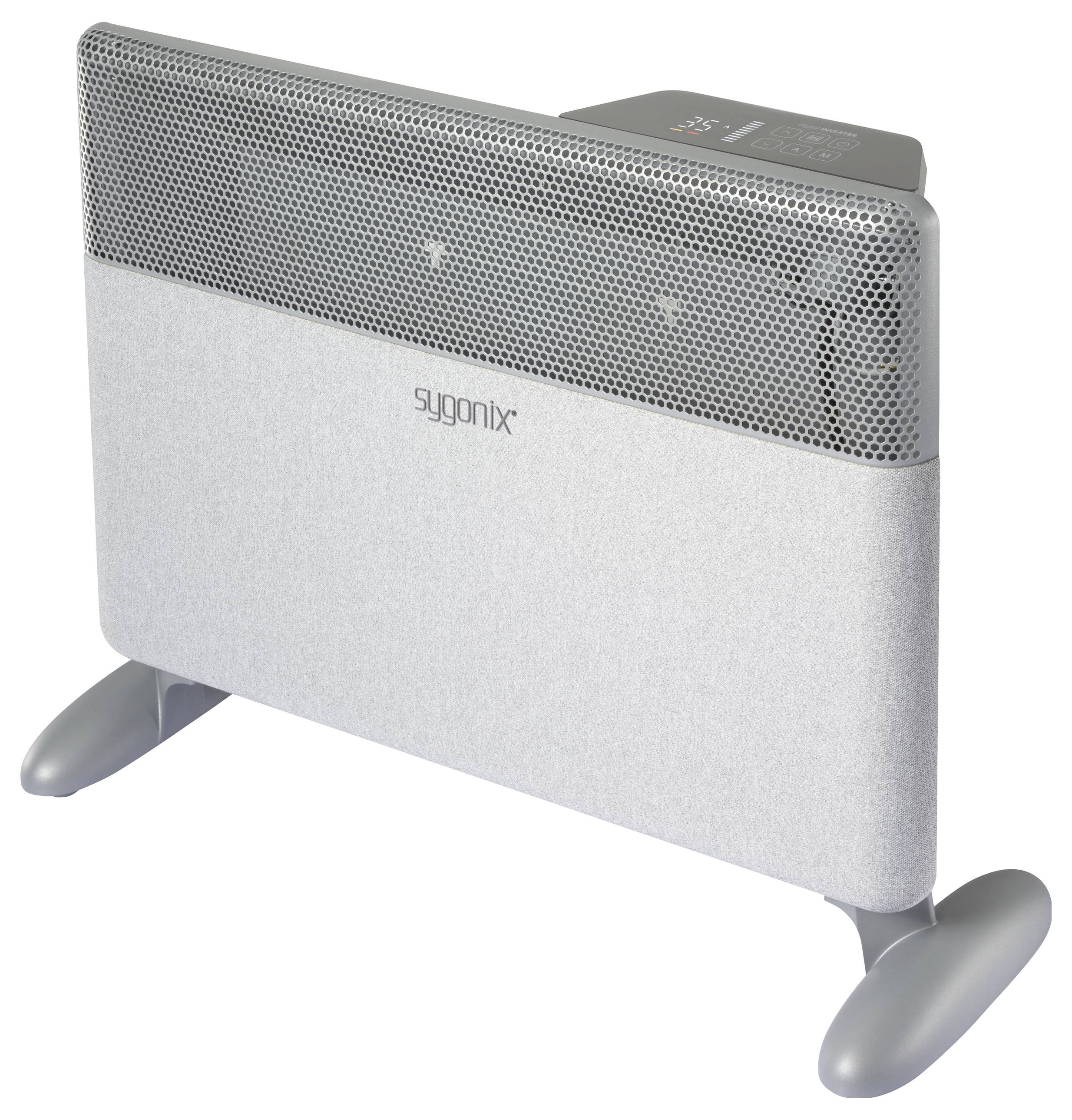 Un convecteur électrique blanc avec un panneau de commande gris et des pieds de support. Le logo 'sygonix' est visible en haut de l'appareil.