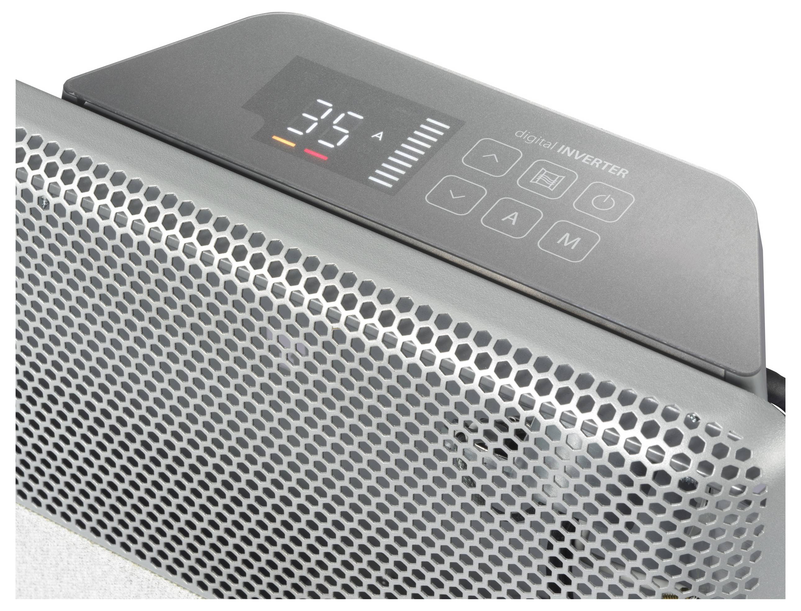 Vue détaillée d'un appareil de chauffage électrique avec affichage numérique, montrant '35°C' et des boutons de commande. Le design de l'appareil est moderne et gris.