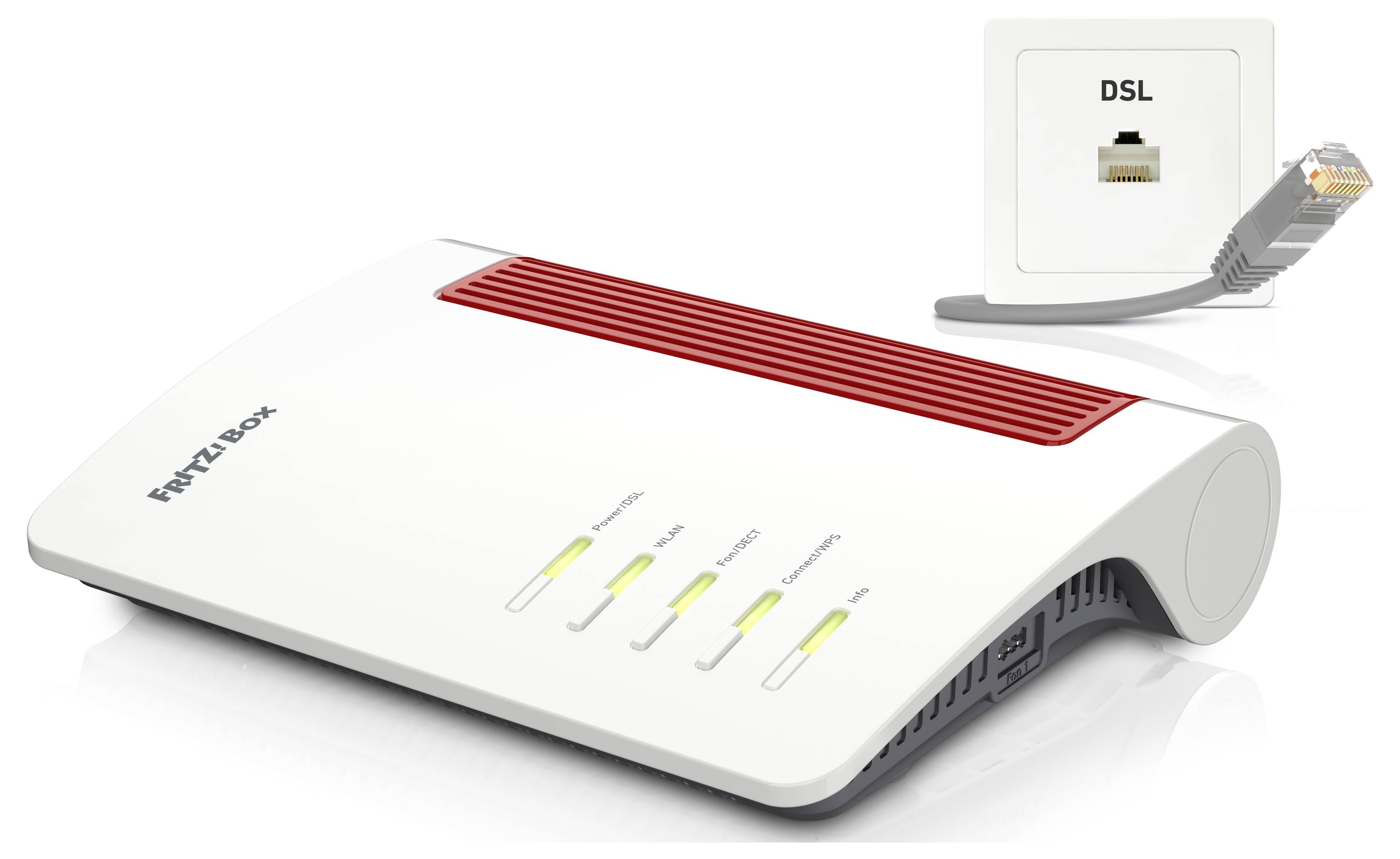 Un routeur DSL blanc avec des accents rouges, connecté à une ligne DSL. Quatre voyants verts indiquent son état.