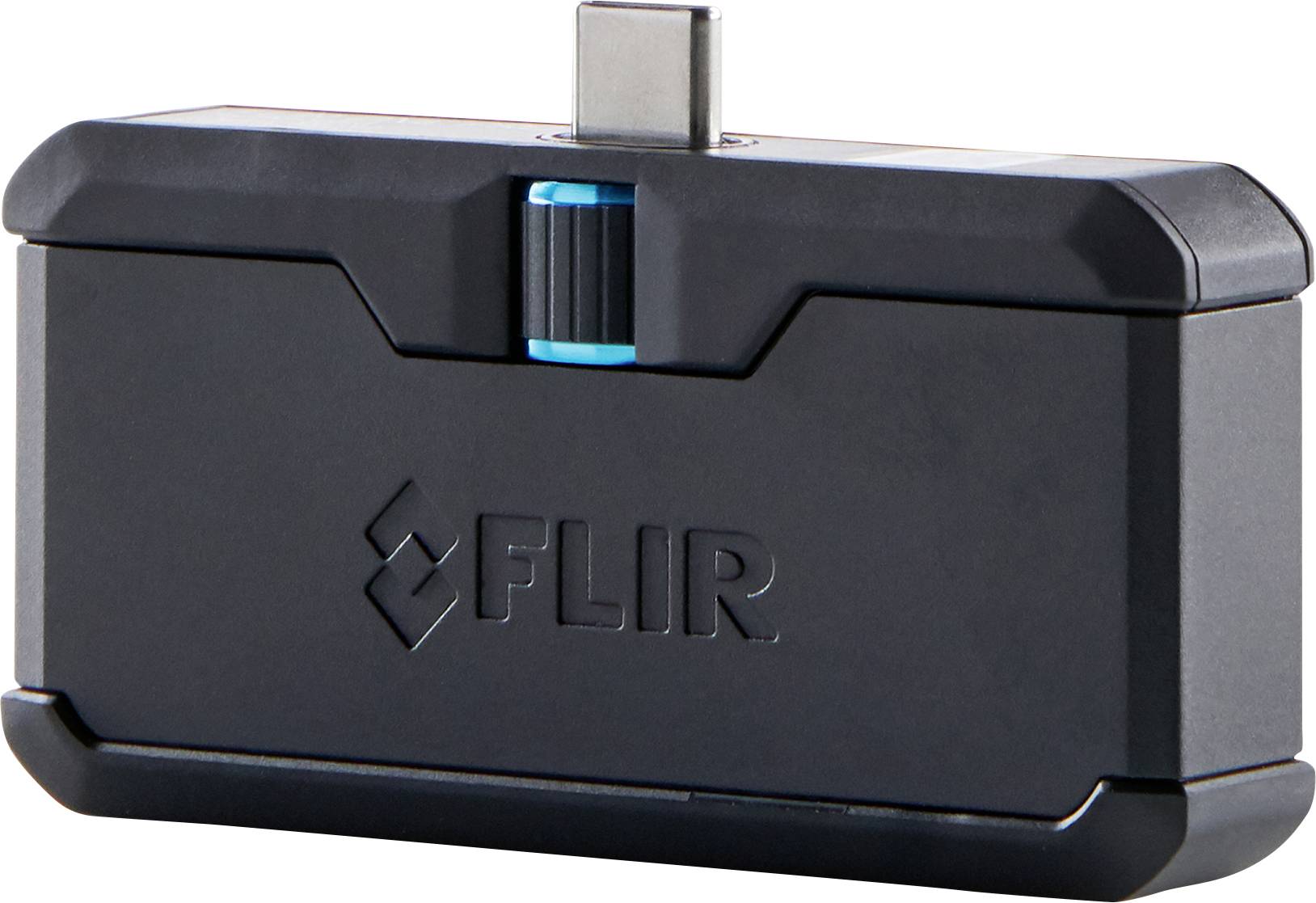 Une caméra thermique FLIR avec port USB-C, noire, rectangulaire, avec logo et un détail bleu au centre.