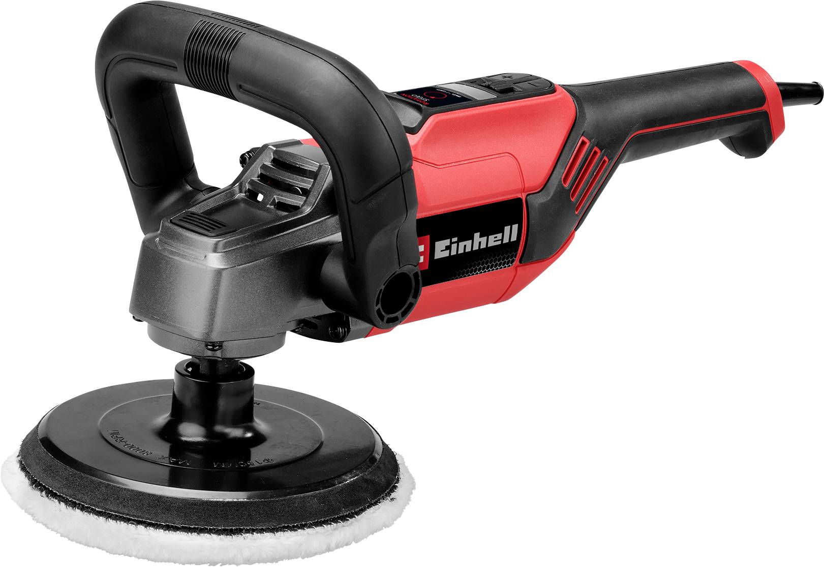 Polisseuse électrique avec boîtier rouge et poignée noire, marquée 'Einhell'. Adaptée à l'entretien automobile et au polissage de surfaces.