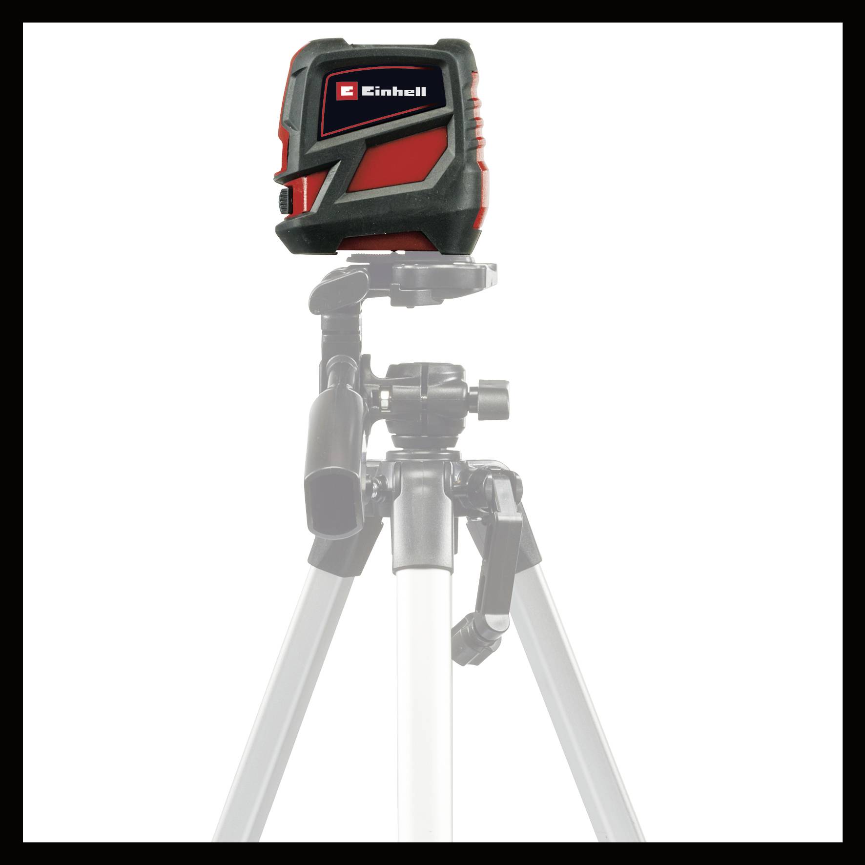 Appareil de mesure laser électronique sur un trépied, nom de marque visible en haut, sur un fond blanc.