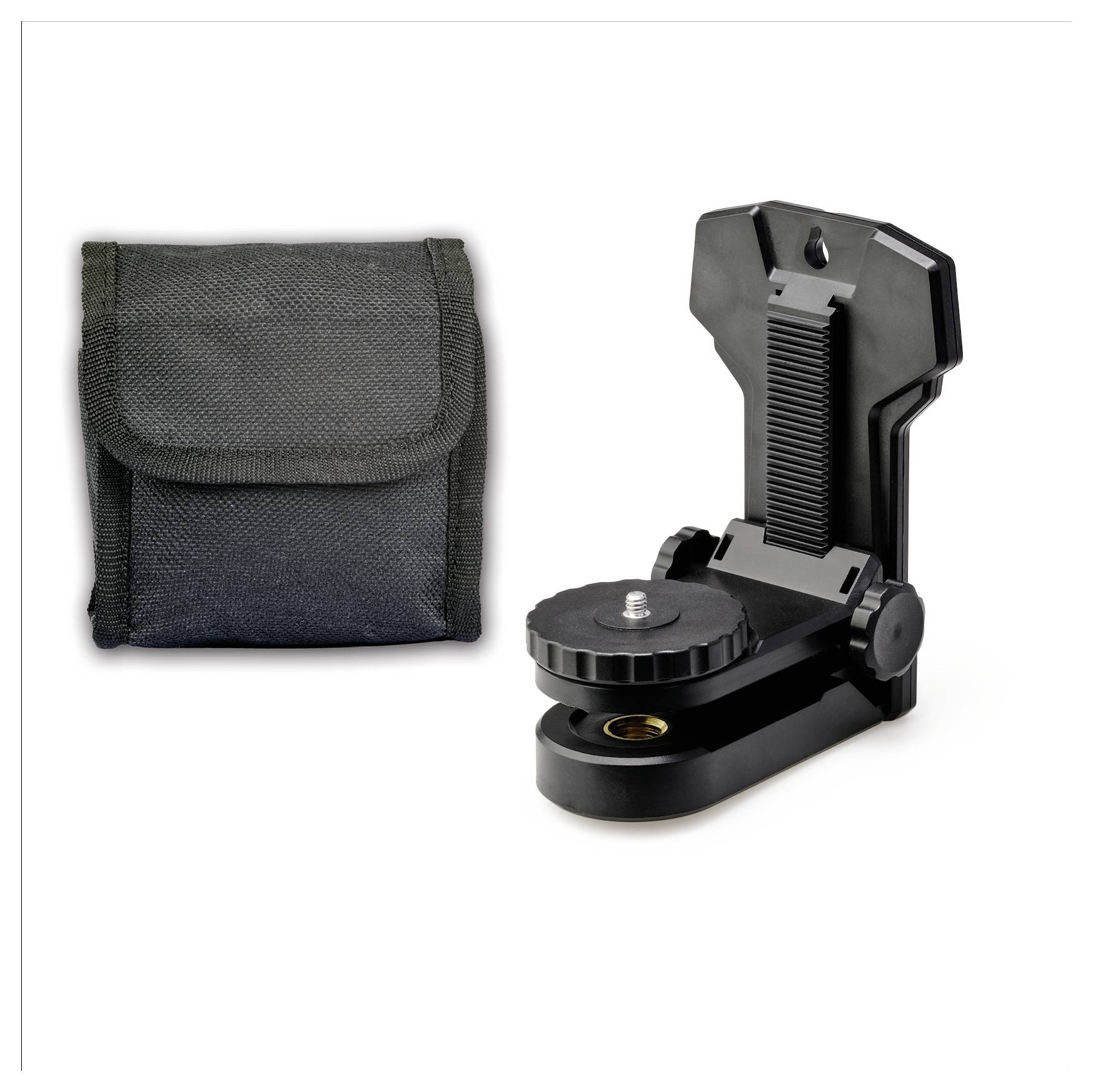 Support de stabilisation en métal pour jumelles, fourni avec un étui de transport noir. Idéal pour des prises de vue stables avec télescope ou caméra.