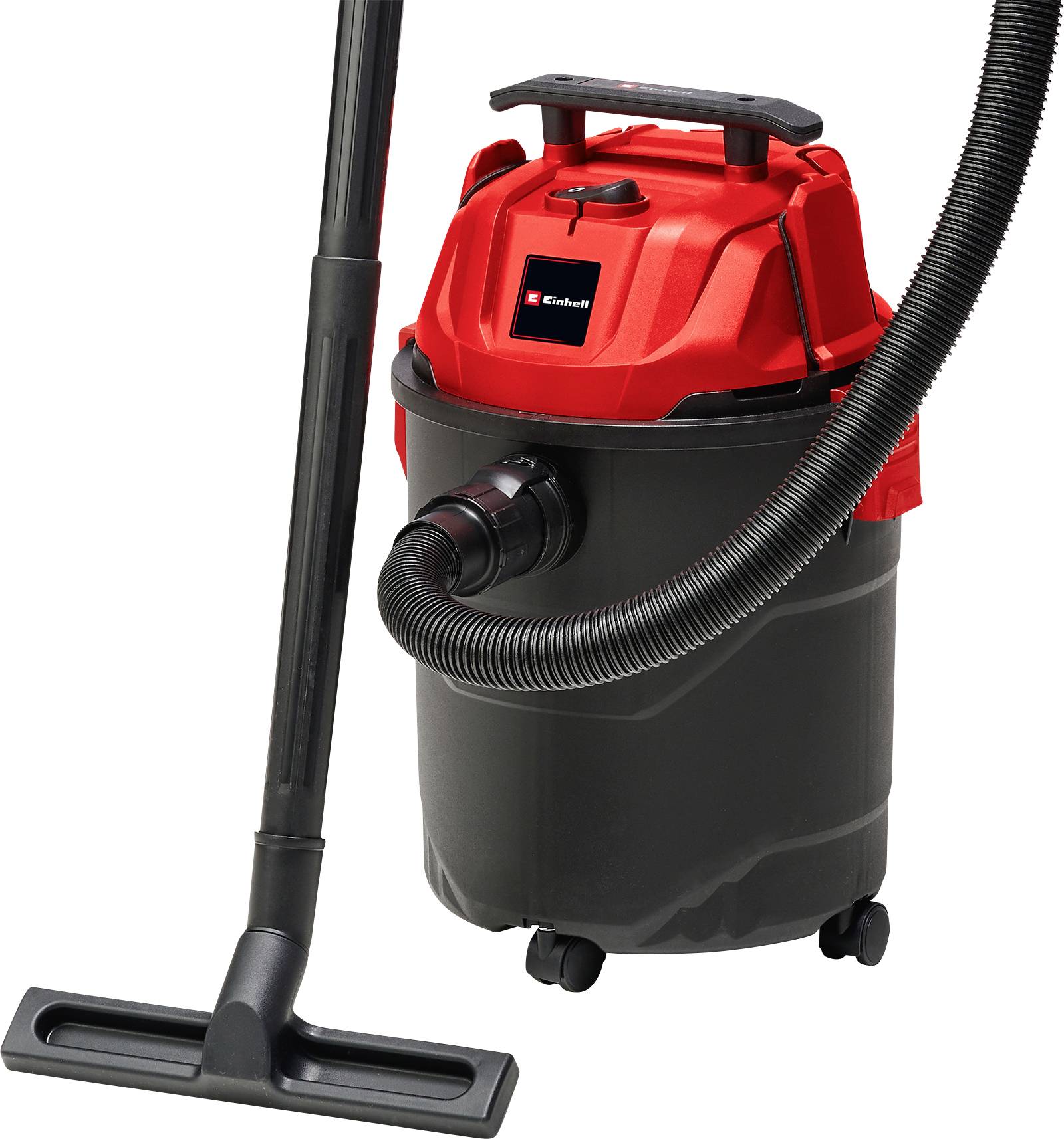 Aspirateur eau et poussière rouge et noir avec tuyau et embout, monté sur petites roues pour une mobilité facilitée.