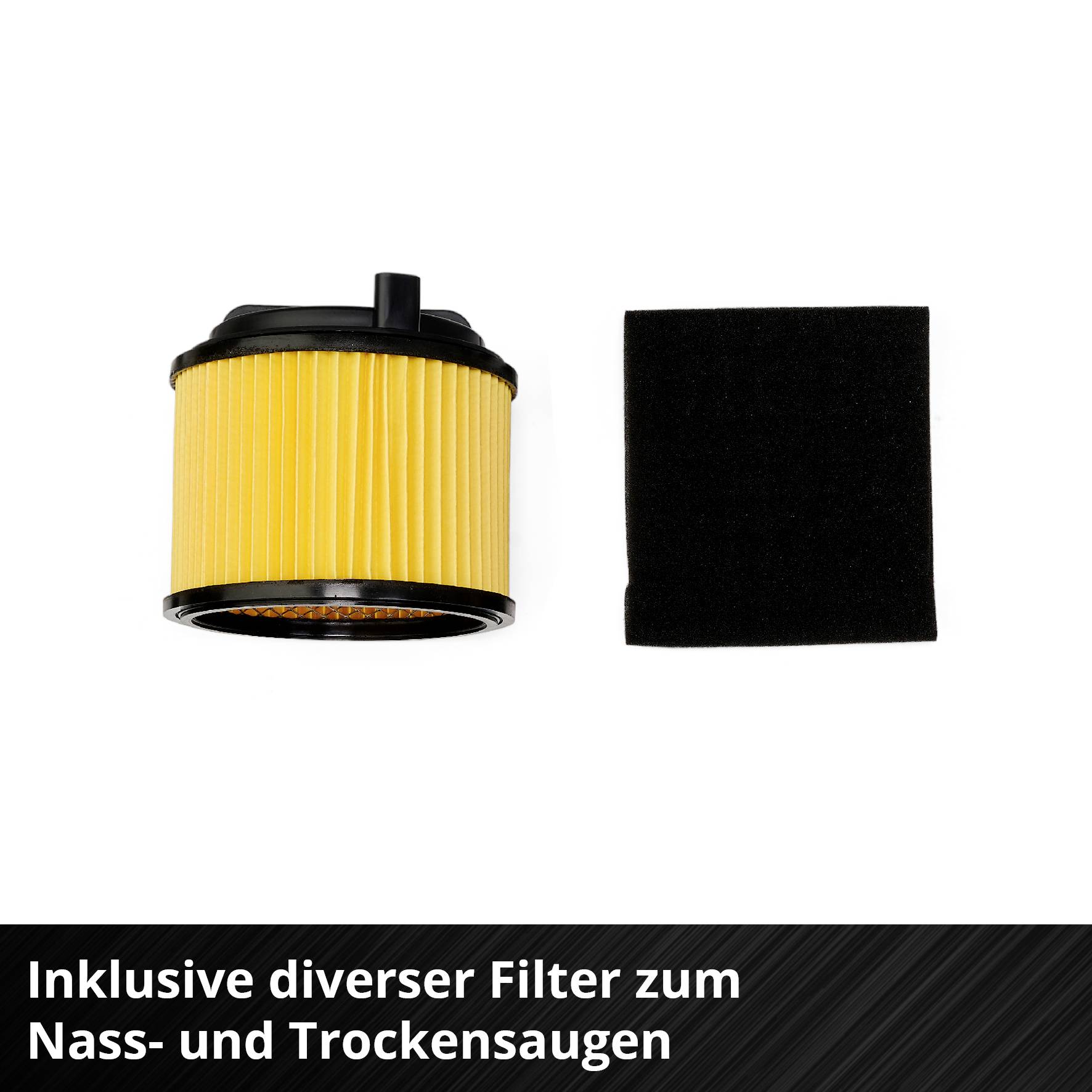 Avec divers filtres pour aspirer à l'état humide et sec. Deux filtres illustrés : un filtre à cartouche jaune et un filtre en mousse noir.