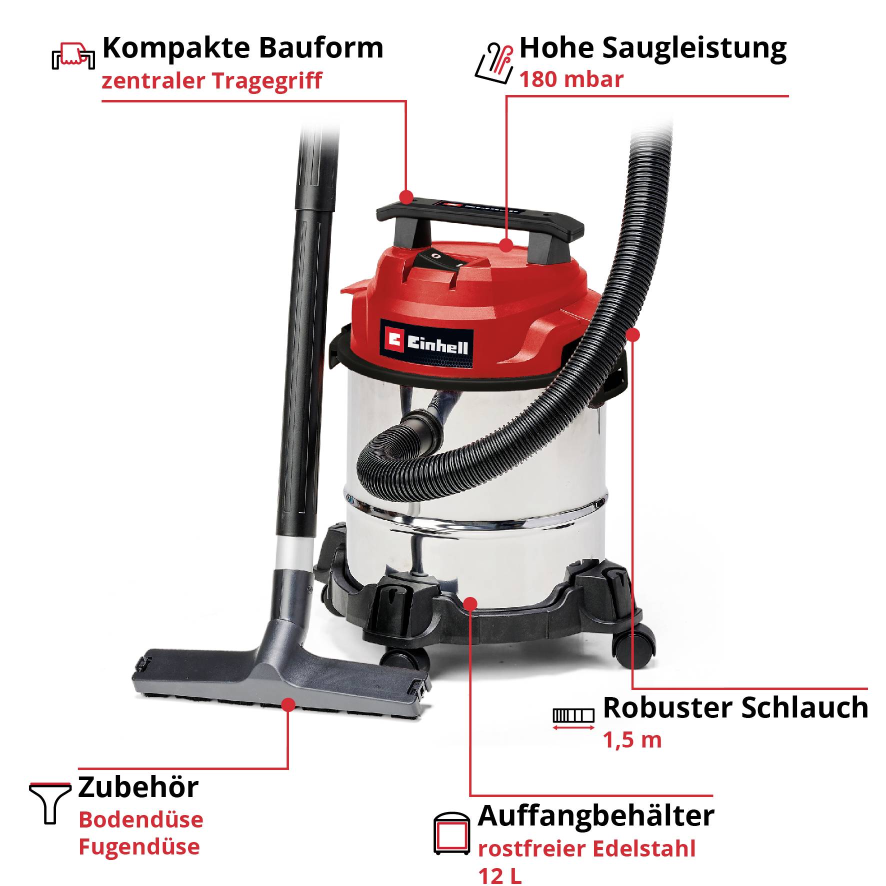 Aspirateur avec poignée centrale de transport, haute puissance d'aspiration, tuyau de 1,5 m, buse de sol, buse pour coins et réservoir de 12 L en acier inoxydable.