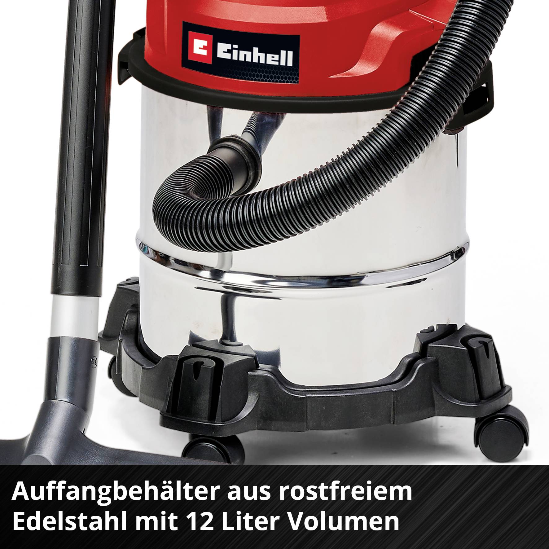 Un aspirateur rouge de la marque Einhell avec un réservoir en acier inoxydable et un volume de 12 litres.