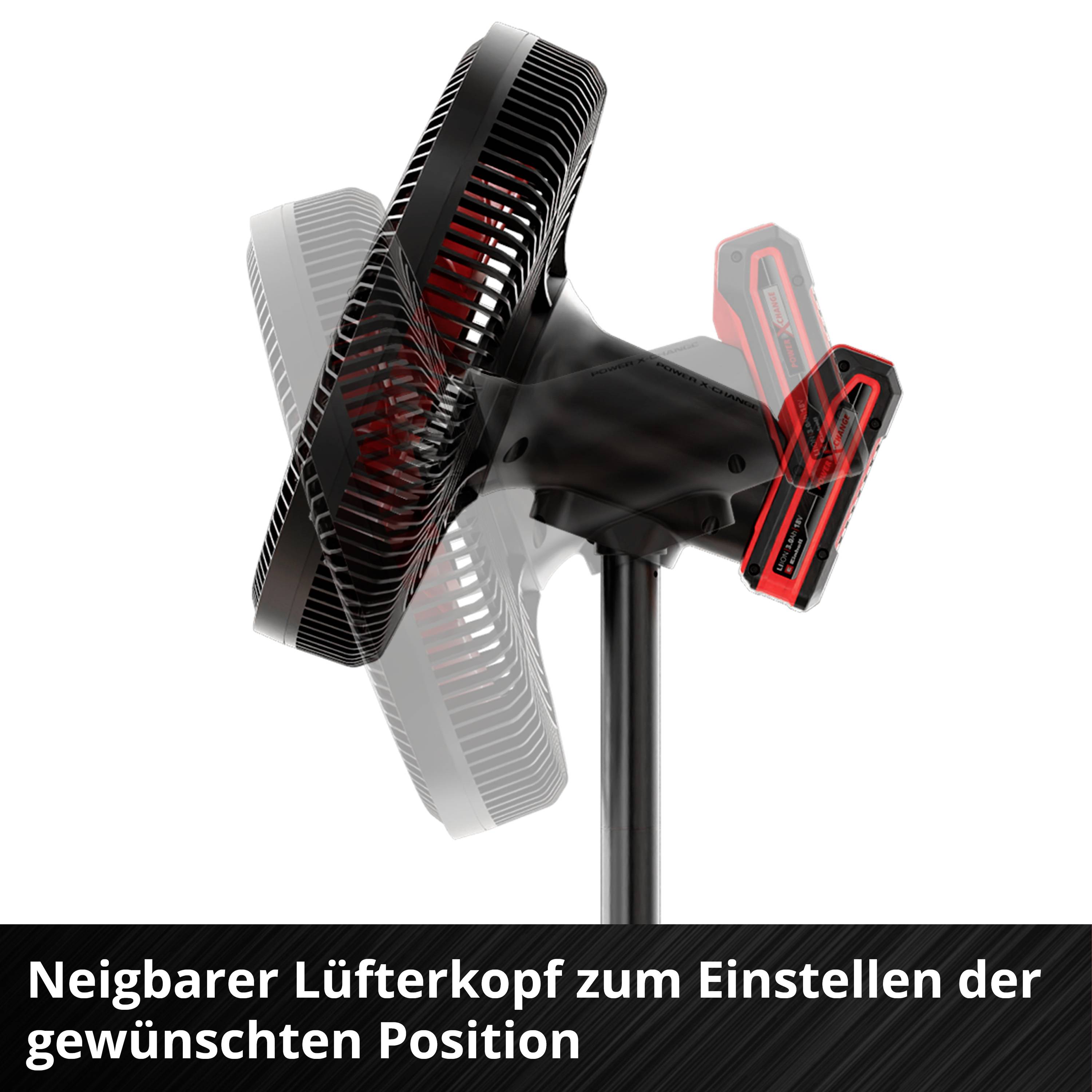 Ventilateur noir et rouge à tête inclinable pour un positionnement flexible. Texte : Tête de ventilateur inclinable pour ajuster à la position souhaitée.