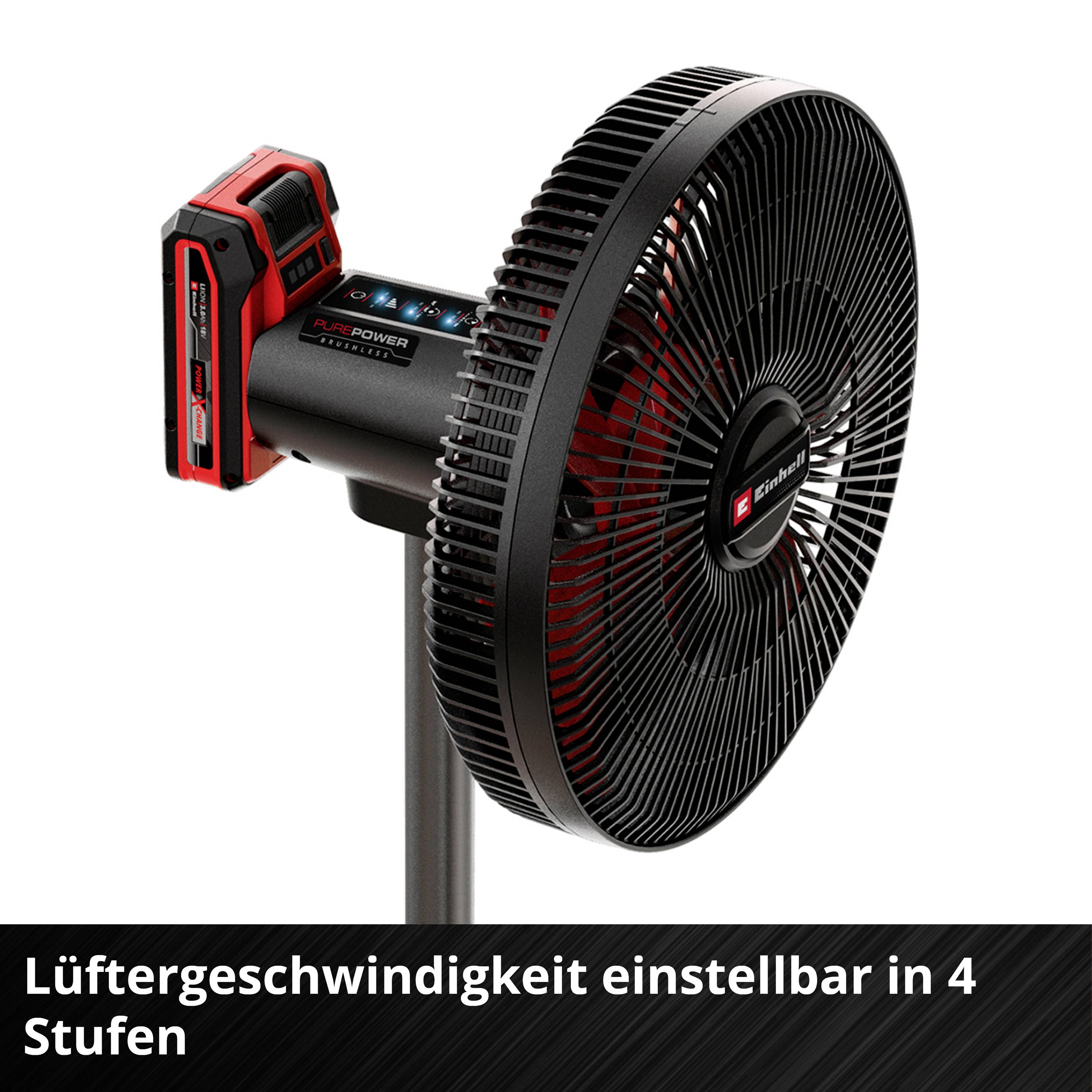 Un ventilateur sur pied noir et rouge avec une vitesse de ventilation réglable en 4 étapes.