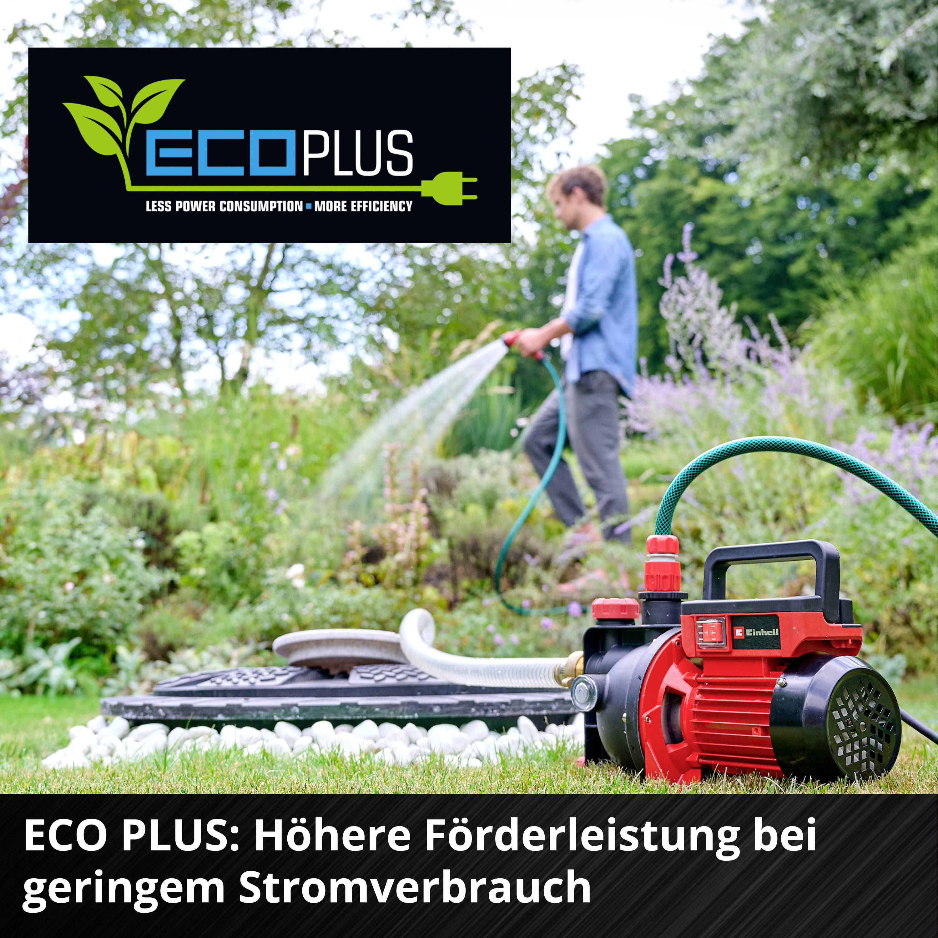 'Un homme arrose des plantes dans un jardin à l'aide d'une pompe. Texte : ECO PLUS : Débit supérieur et consommation électrique réduite.'