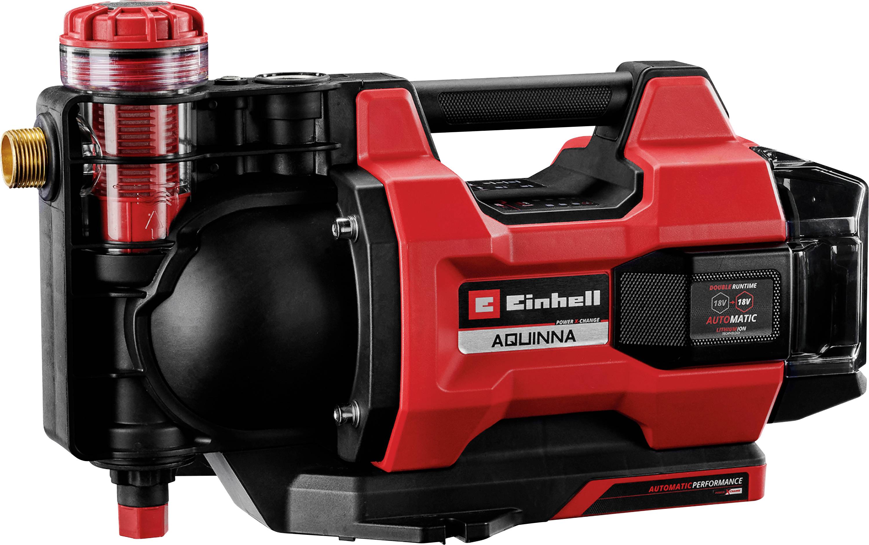 Pompe de jardin automatique Einhell rouge et noire AQUINNA avec poignée de transport et chambre de filtre transparente, présentée sur fond blanc.
