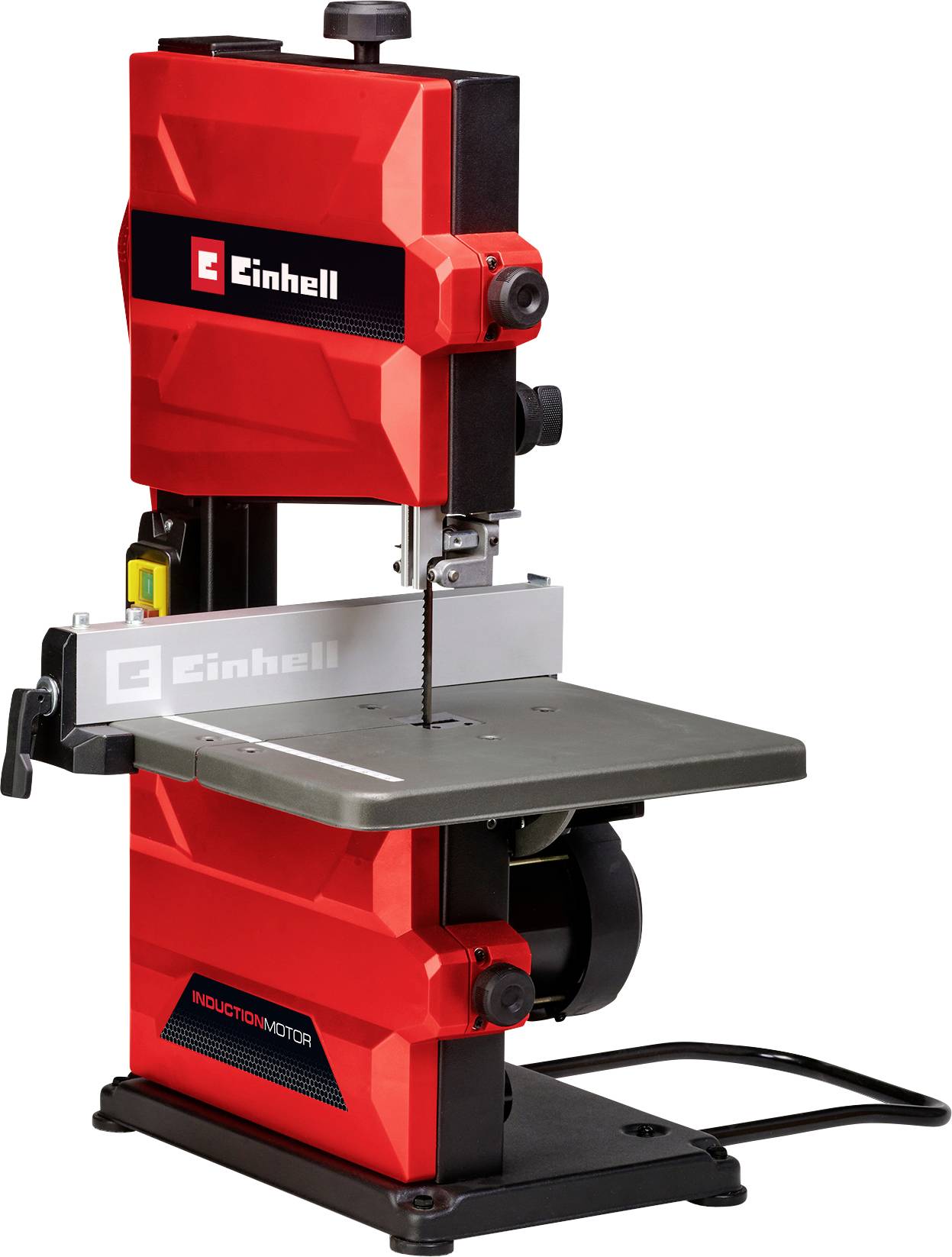 Scie à ruban rouge avec logo Einhell, adaptée à divers travaux de coupe, avec surface de travail grise et boutons de réglage.