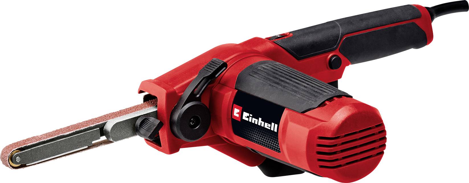 Ponceuse électrique compacte rouge et noire, maniable, adaptée au ponçage des surfaces en bois ou en métal.