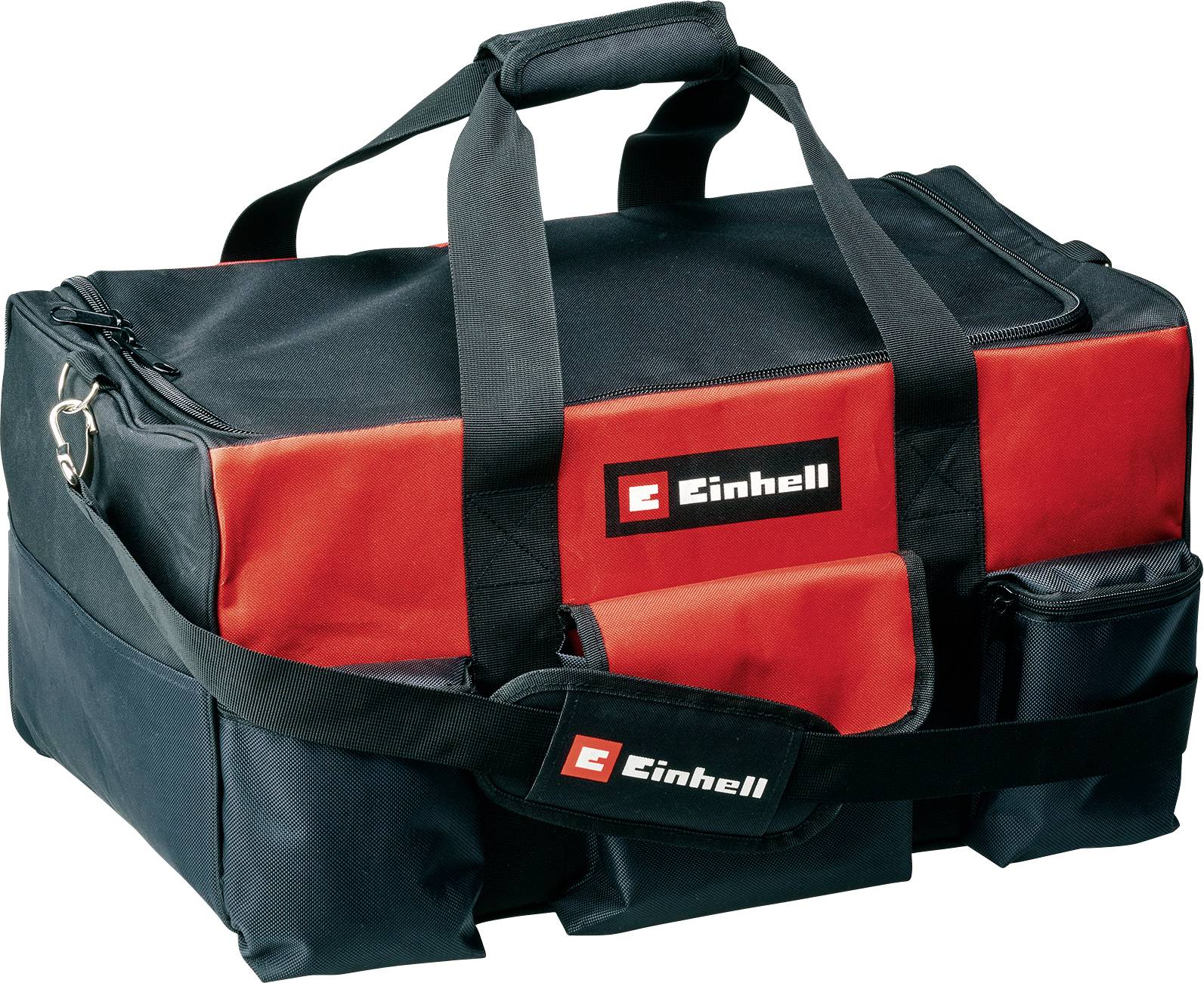 Sac à outils noir et rouge avec logo 'Einhell', deux poignées de transport et plusieurs poches latérales pour le rangement des outils.