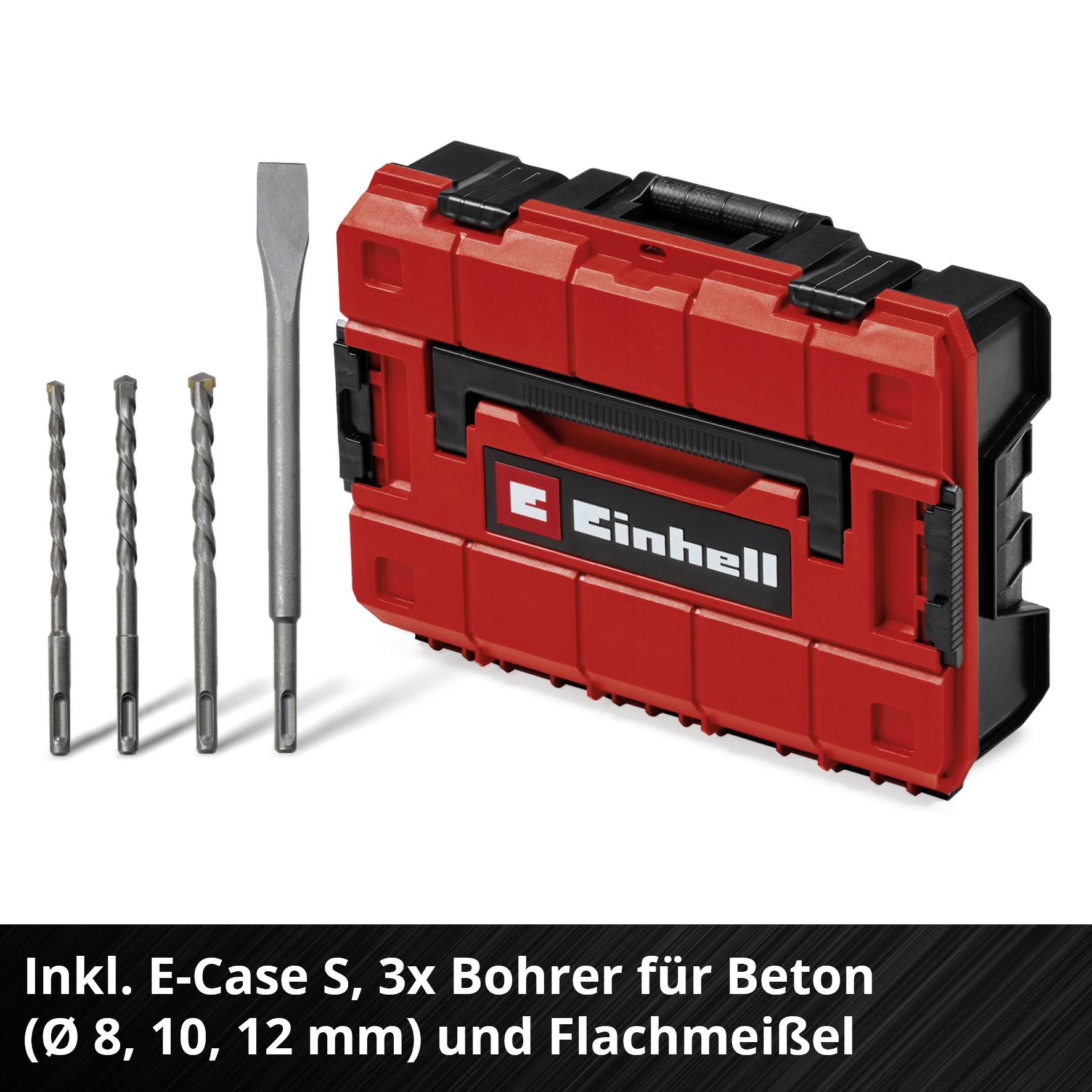 'Einhell' coffret à outils avec trois forets à béton (Ø 8, 10, 12 mm) et un burin plat, le tout dans un E-Case S rouge sur fond noir.