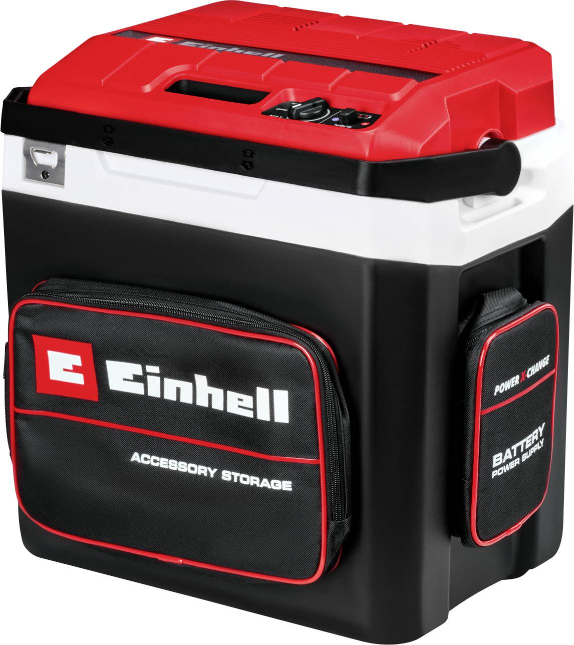 'Glacière portable avec logo Einhell et option batterie powerbank. Boîtier noir avec couvercle rouge et sac d'accessoires supplémentaire.'