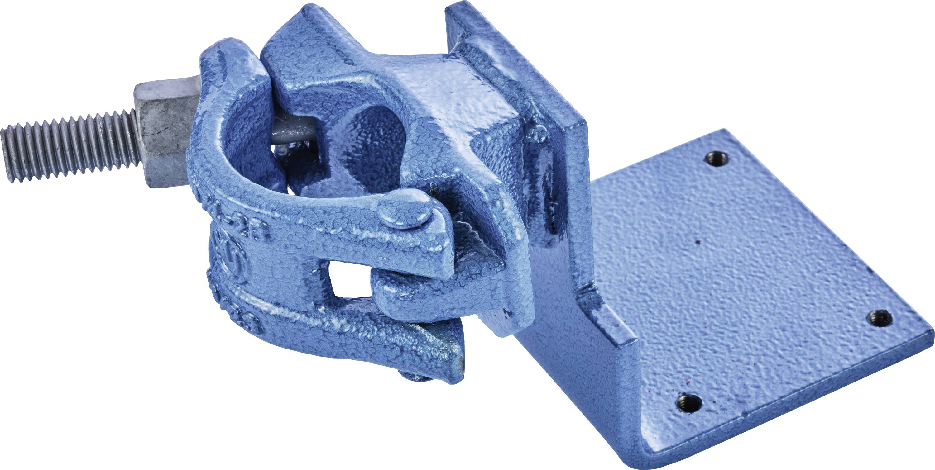 Un étau de métal bleu avec une base plate et quatre trous de fixation, adapté aux applications industrielles de serrage.