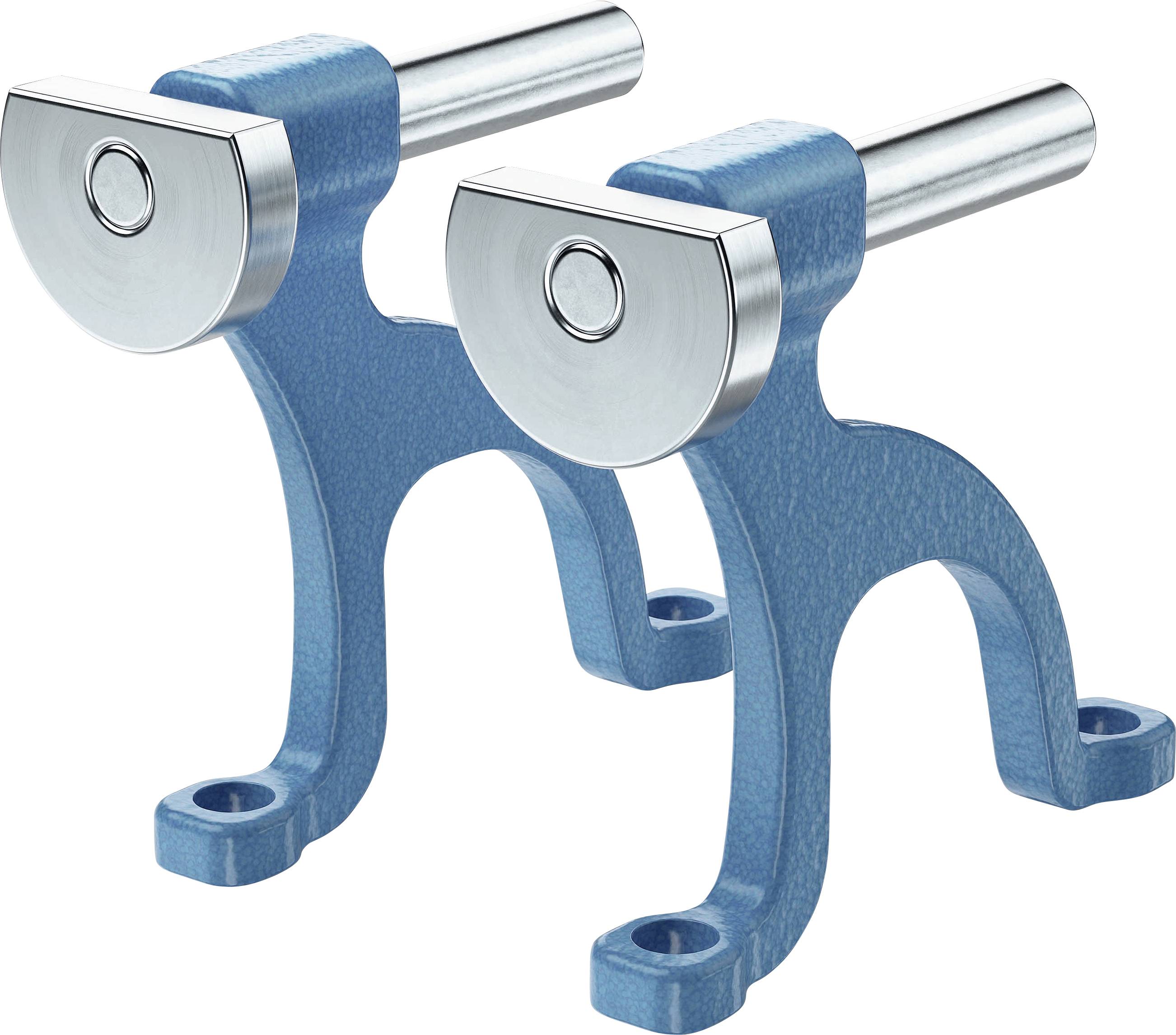 Deux supports de machine en métal bleu avec des embouts cylindriques et des trous de fixation, probablement destinés à des applications industrielles.