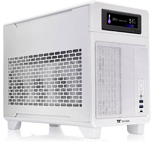 Un boîtier de PC de bureau blanc avec un affichage de température. Il indique une température de GPU de 51°C. À l'avant se trouvent des fentes de ventilation et des ports de connexion.