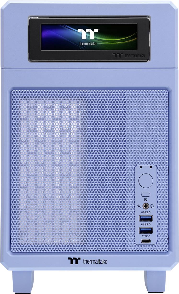 Un boîtier d'ordinateur bleu verticalement posé. Un écran affichant des graphiques colorés est situé en haut. En bas se trouvent des ports USB et des connexions audio.