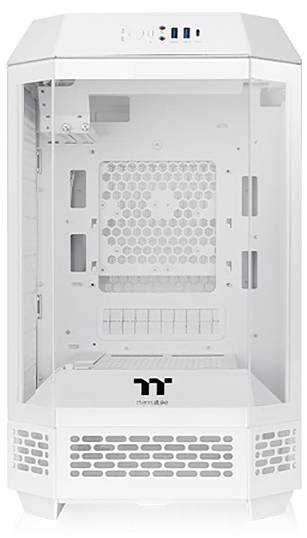 Boîtiers d'ordinateur blancs et vides avec panneaux latéraux et façade transparents, adaptés au montage de PC et à la présentation de composants matériels.